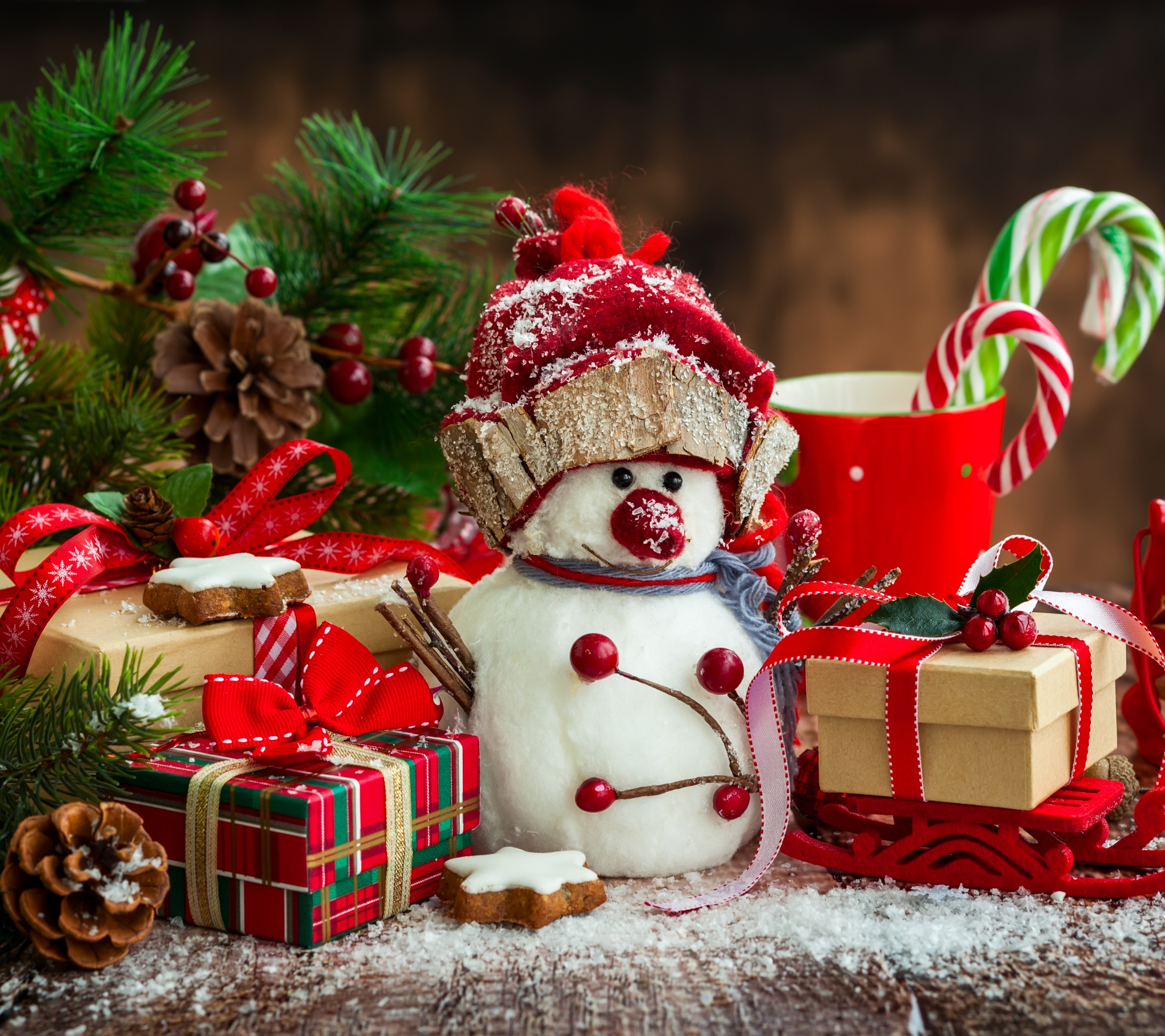 Laden Sie das Feiertage, Weihnachten, Schneemann, Geschenk, Weihnachtsschmuck, Zuckerstange-Bild kostenlos auf Ihren PC-Desktop herunter