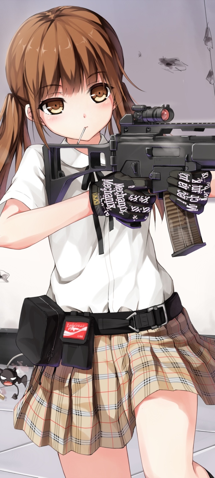 Handy-Wallpaper Mädchen, Rock, Handschuh, Braune Augen, Pistole, Animes, Braune Haare, Gewehr, Twintails kostenlos herunterladen.