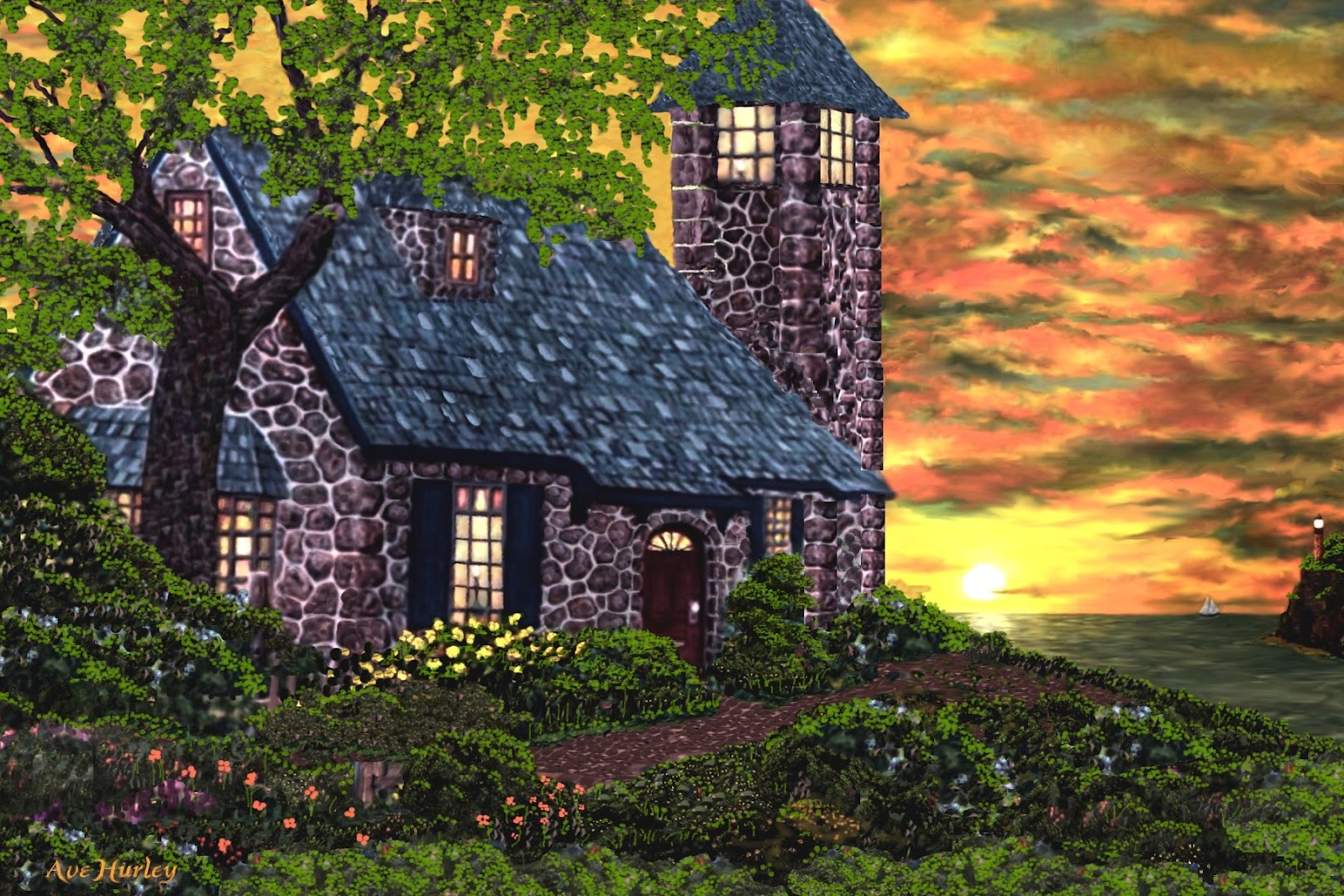 Download mobile wallpaper Sunset, Tree, House, Garden, Colorful, Painting, Artistic for free.