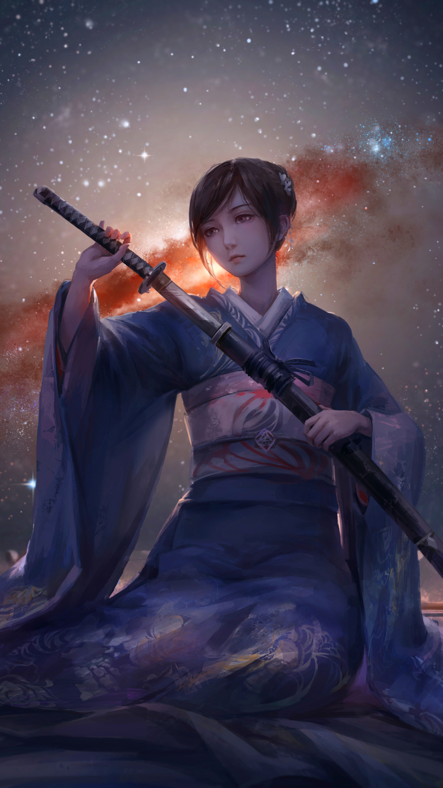 Download mobile wallpaper Fantasy, Stars, Kimono, Women, Sword, Asian, Woman Warrior for free.