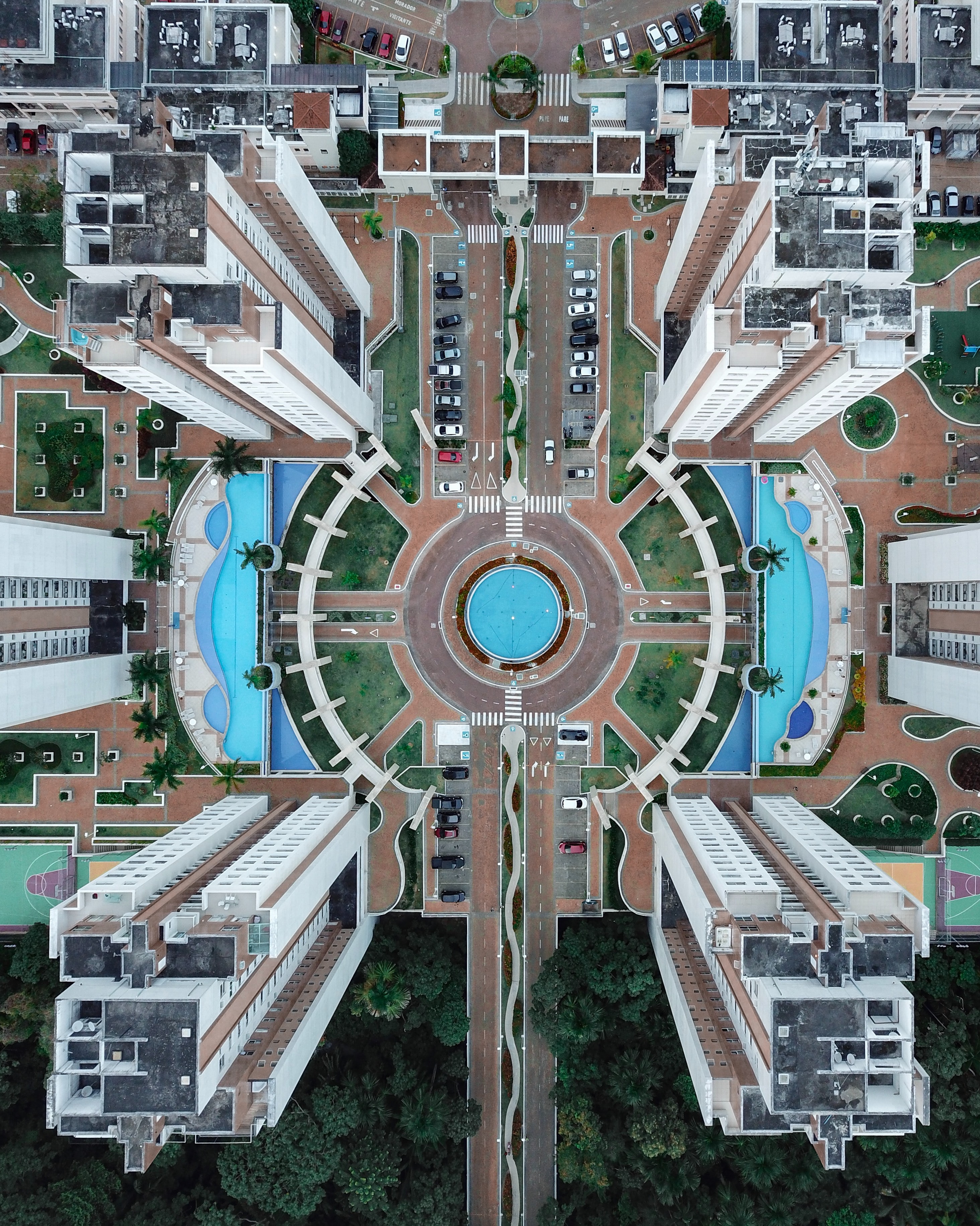 Free download wallpaper Building, View From Above, Miscellanea, Miscellaneous, Road, Pool on your PC desktop