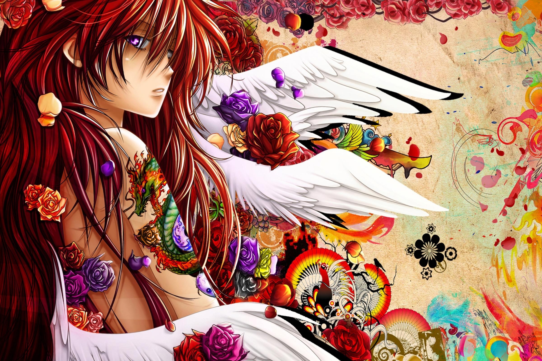 Free download wallpaper Anime, Girl, Tattoo, Colorful, Red Hair on your PC desktop