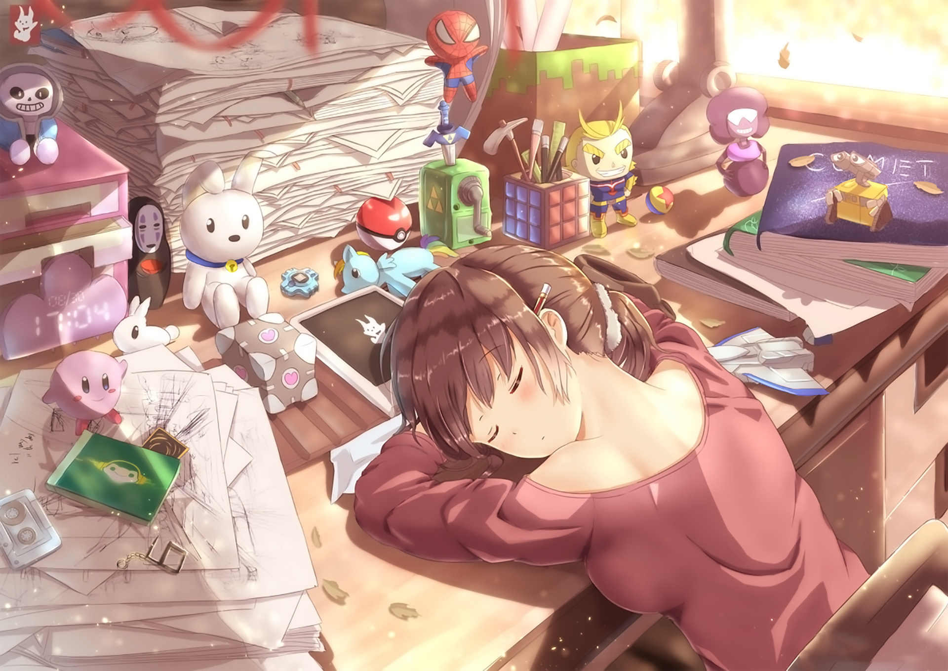 anime, original, desk, sleeping