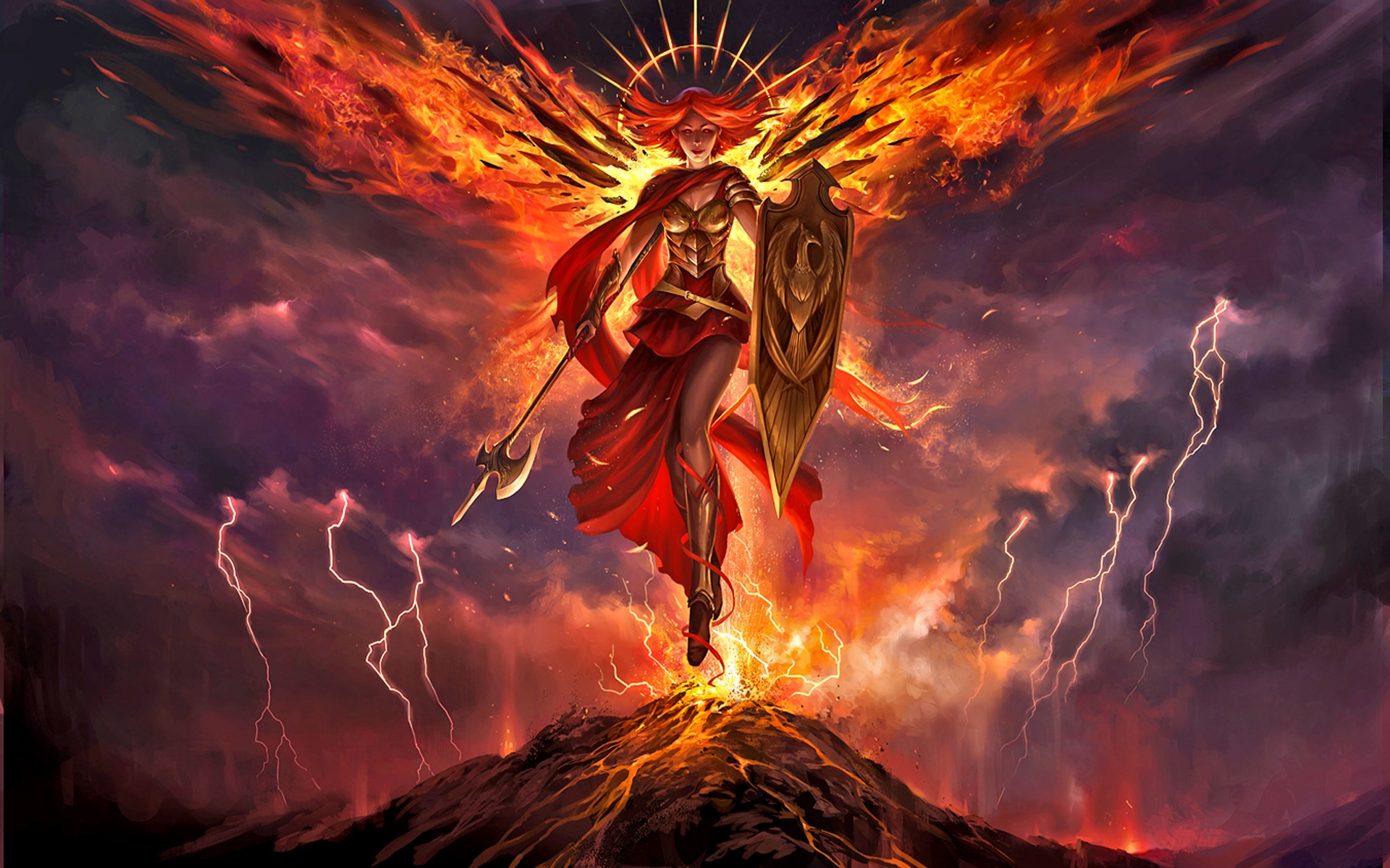 Download mobile wallpaper Fantasy, Fire, Lightning, Weapon, Flame, Shield, Wings, Game, Angel, Magic: The Gathering, Woman Warrior, Orange Hair, Angel Warrior for free.