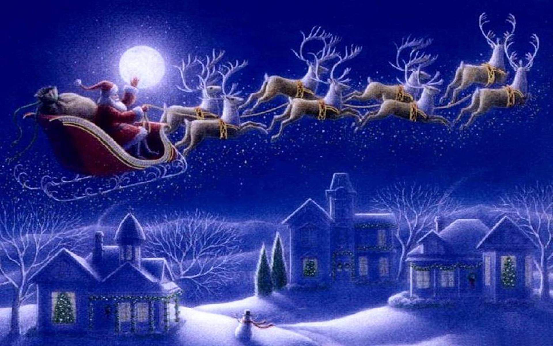 Handy-Wallpaper Feiertage, Weihnachtsmann, Schnee, Weihnachten, Baum, Haus, Dorf, Ferien, Rentier kostenlos herunterladen.