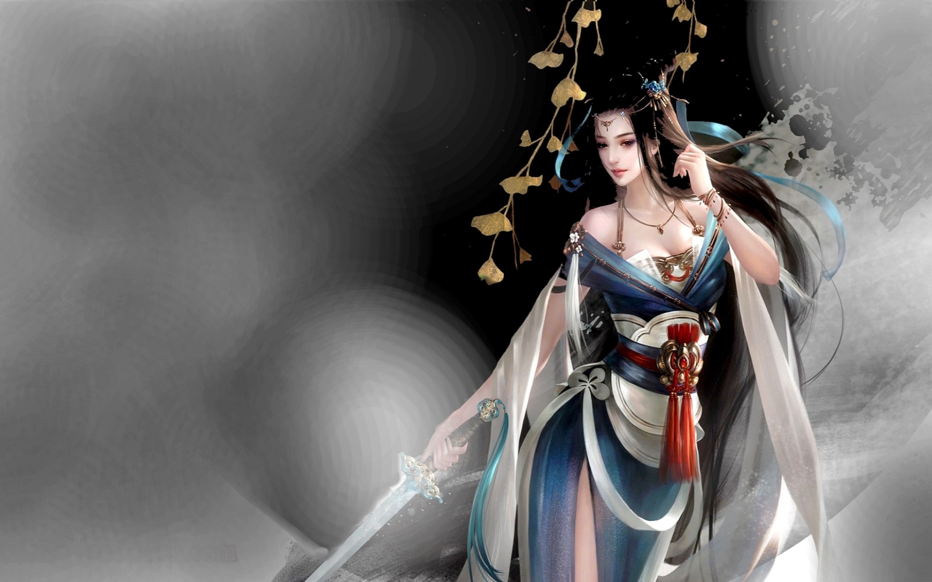 Laden Sie das Fantasie, Orientalisch, Schwert, Lange Haare, Kriegerin, Frau Krieger, Asiatinnen-Bild kostenlos auf Ihren PC-Desktop herunter
