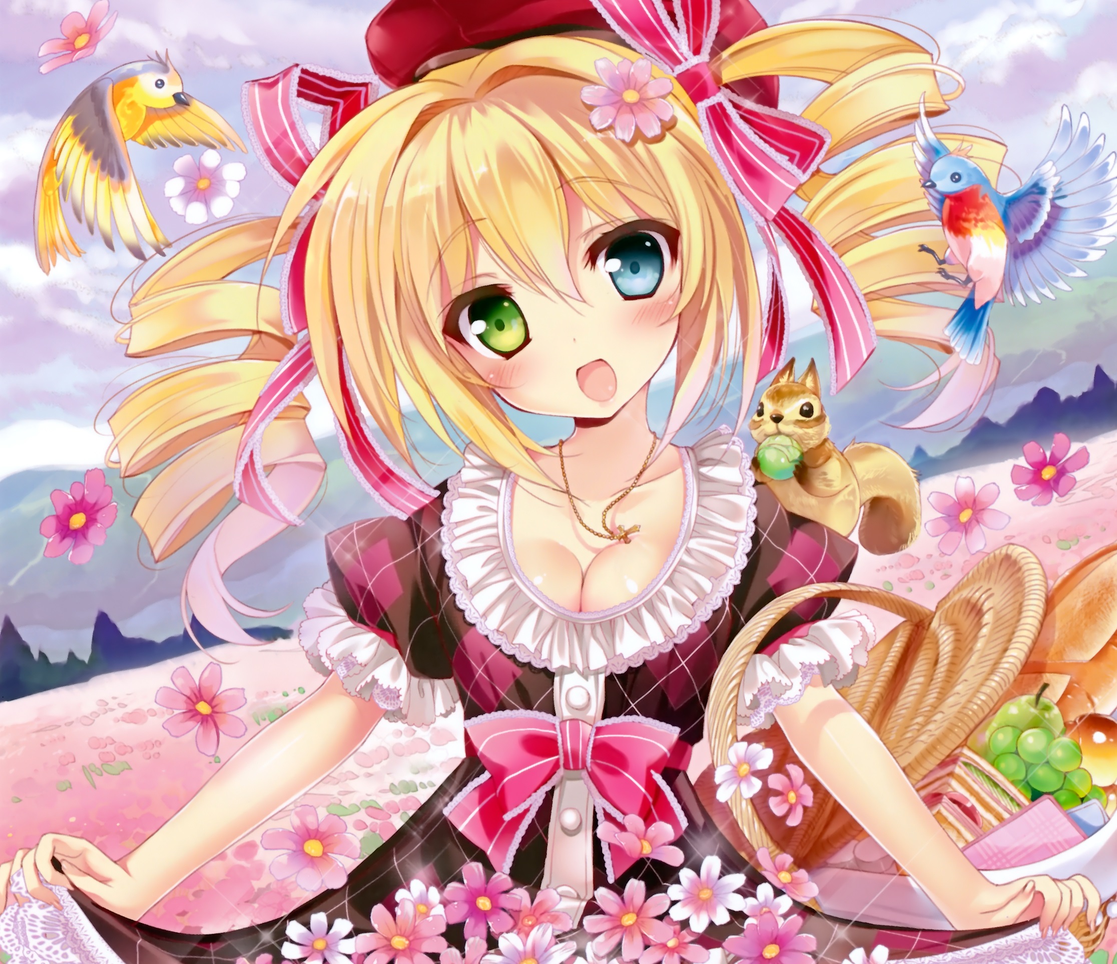 Free download wallpaper Anime, Squirrel, Flower, Bird, Smile, Basket, Blonde, Hat, Heterochromia, Original, Blush, Twintails, Bow (Clothing) on your PC desktop