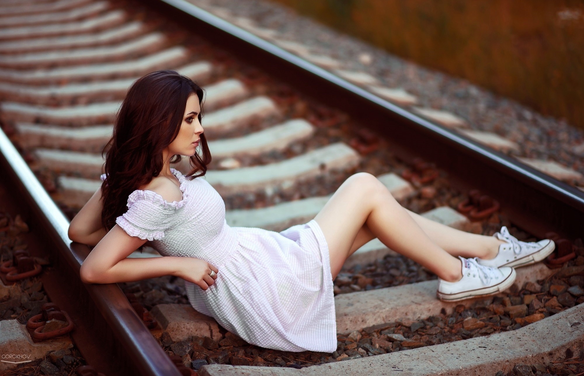 Download mobile wallpaper Mood, Brunette, Model, Women, Railroad, White Dress for free.