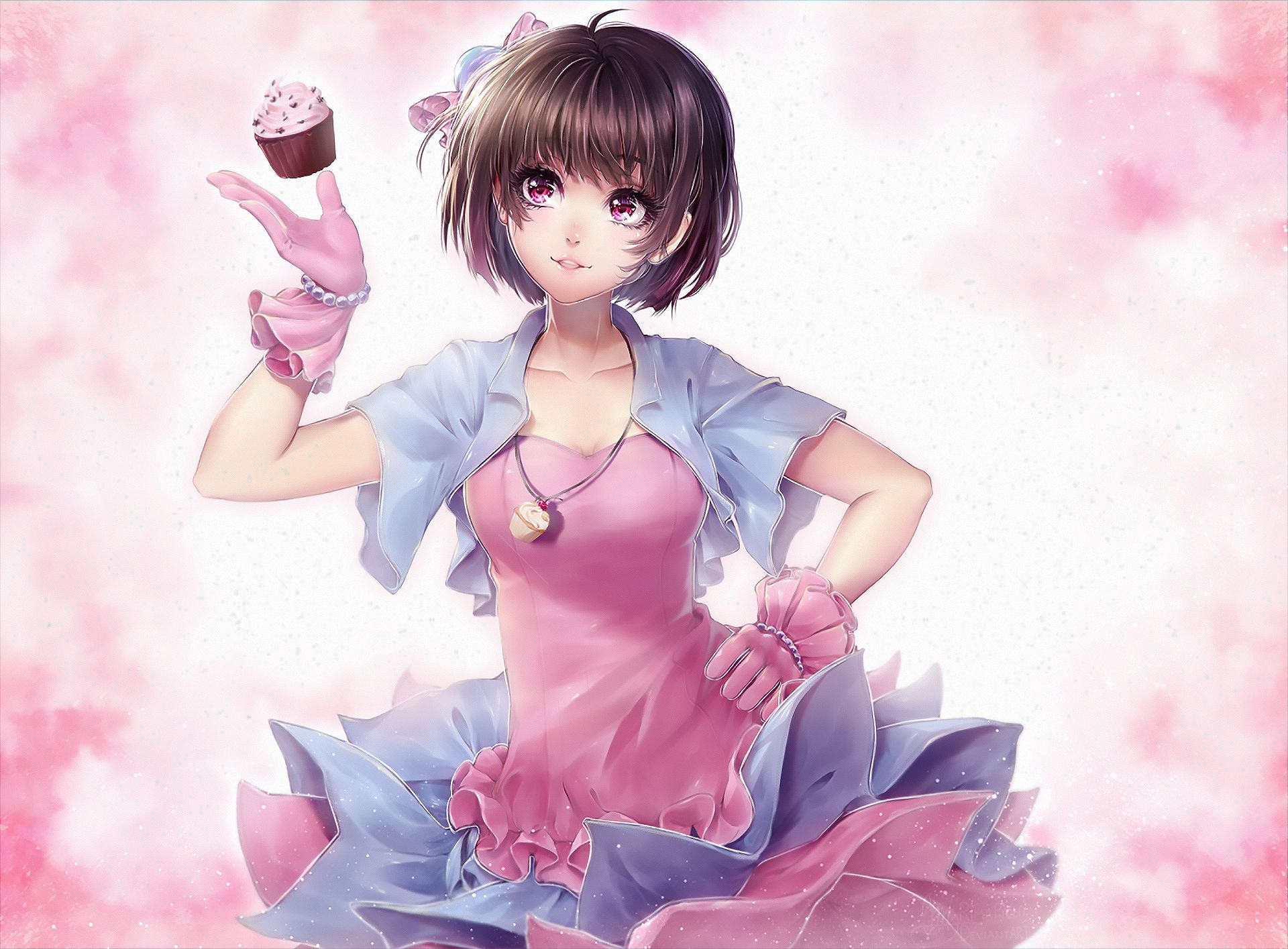 Free download wallpaper Anime, Dress, Cupcake, Ribbon, Original, Red Eyes, Short Hair on your PC desktop