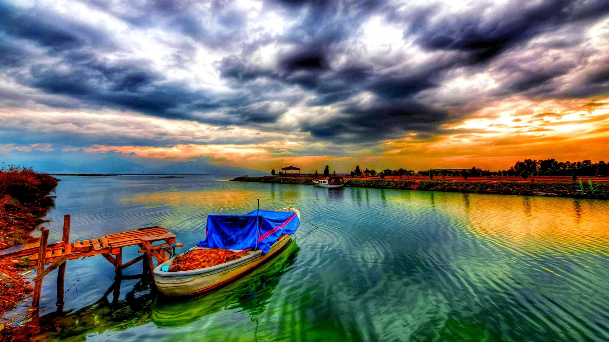 Download mobile wallpaper Sunset, Sky, Sea, Lake, Boat, Hdr, Cloud, Vehicles for free.