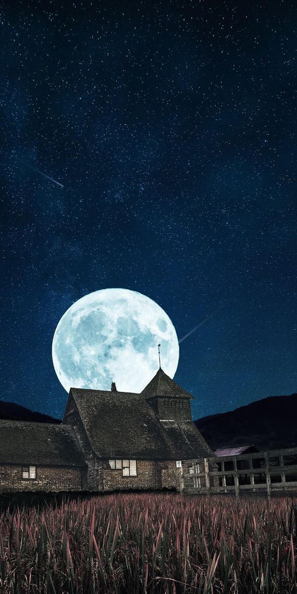 Phone wallpaper: Building, Moon, Full Moon, Starry Sky, Night ...