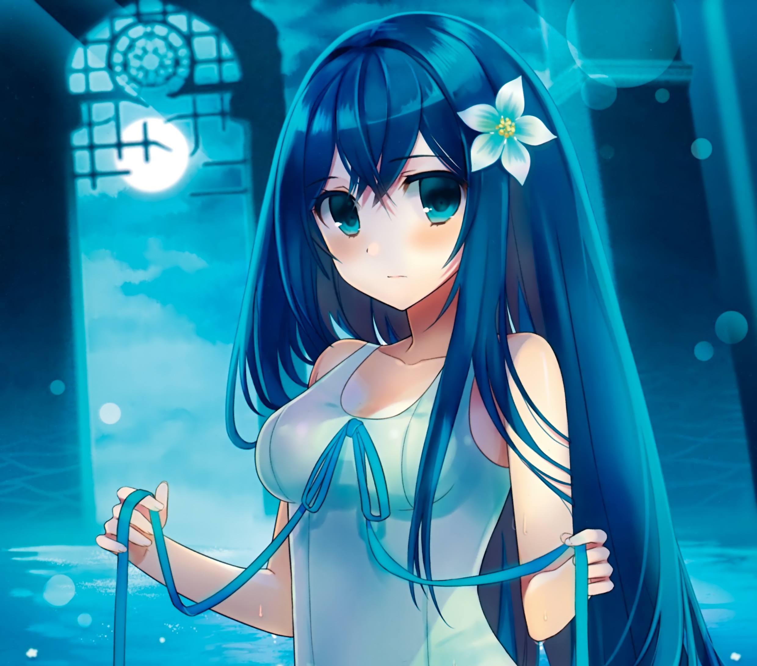 Free download wallpaper Anime, Moon, Flower, Blue Eyes, Original, Swimsuit, Blush, Blue Hair, Long Hair, Bow (Clothing) on your PC desktop