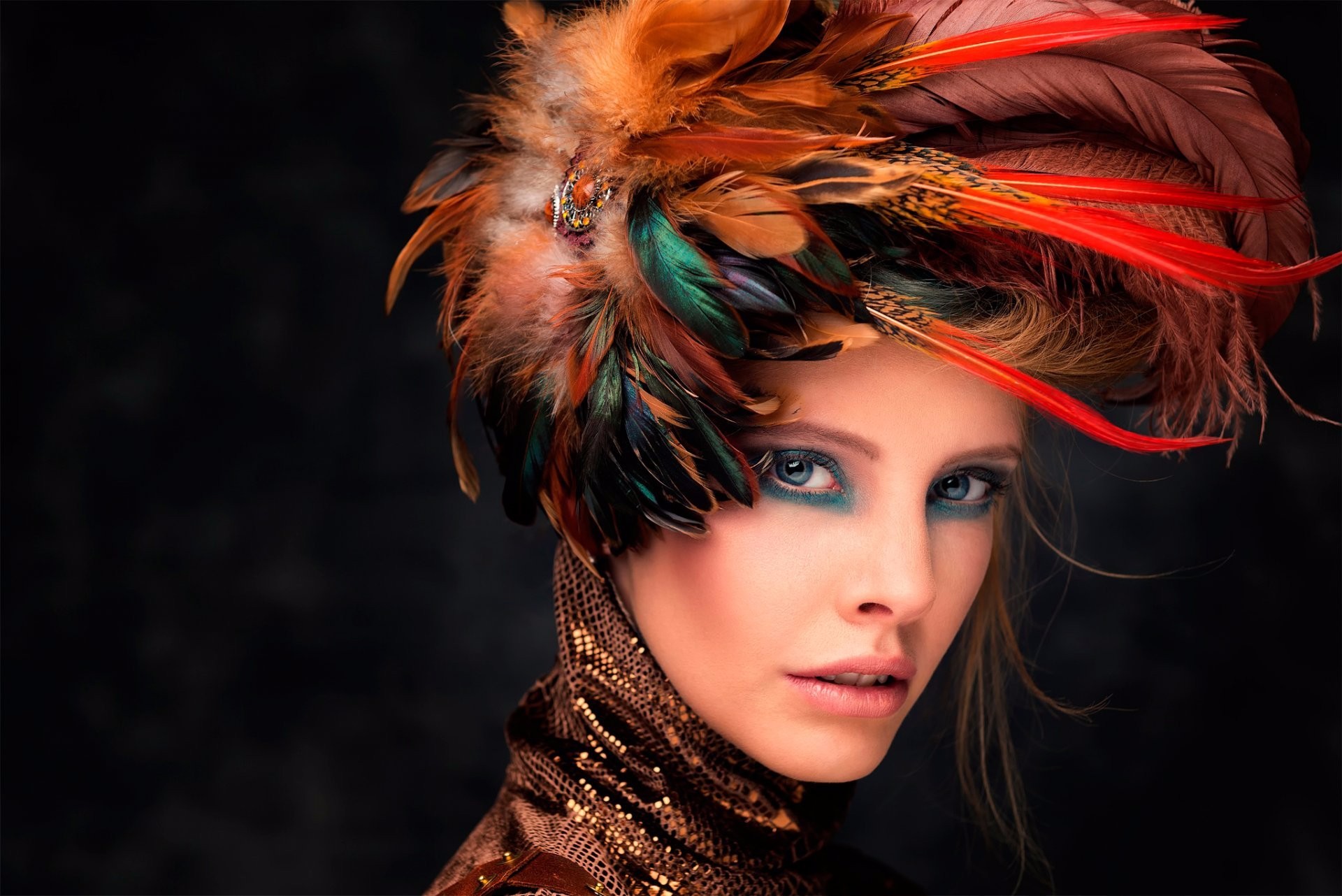 Free download wallpaper Feather, Colorful, Face, Women, Blue Eyes on your PC desktop