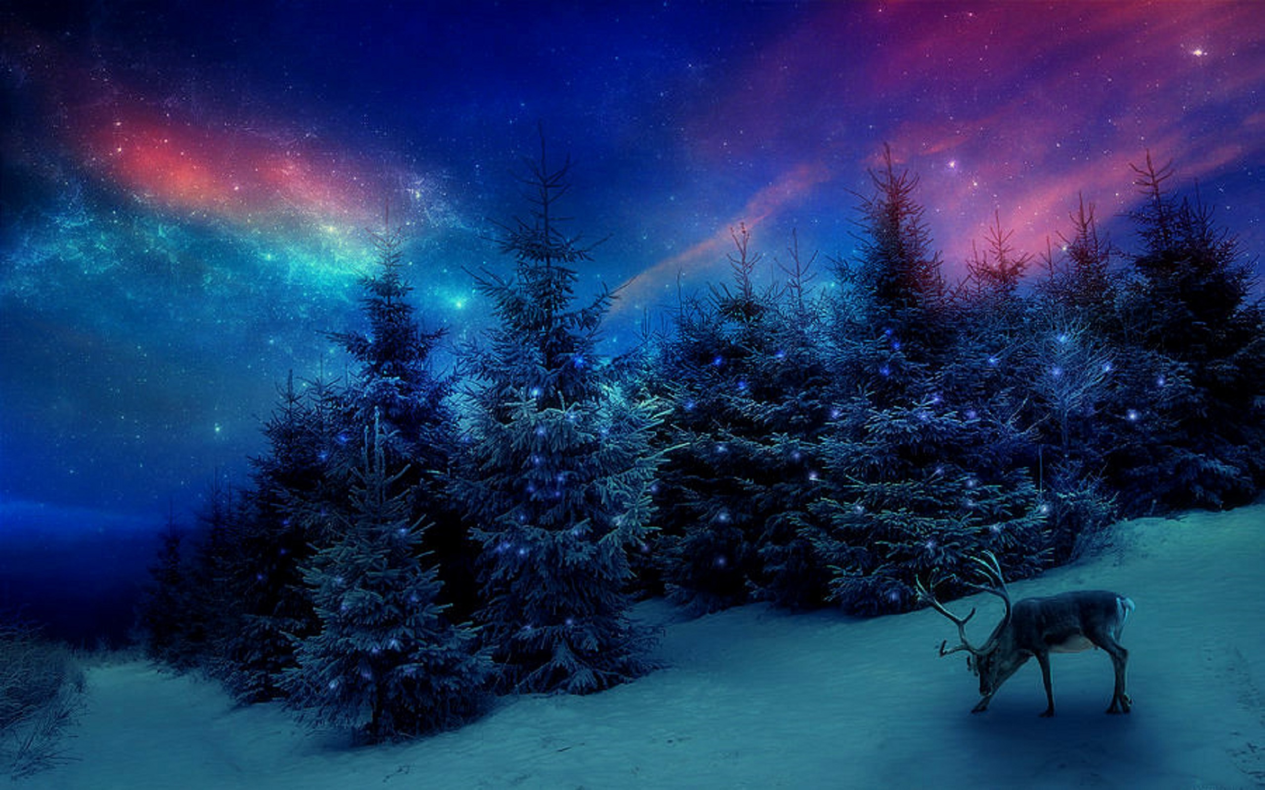 Скачать обои бесплатно Зима, Снег, Лес, Дерево, Олень, Художественные картинка на рабочий стол ПК