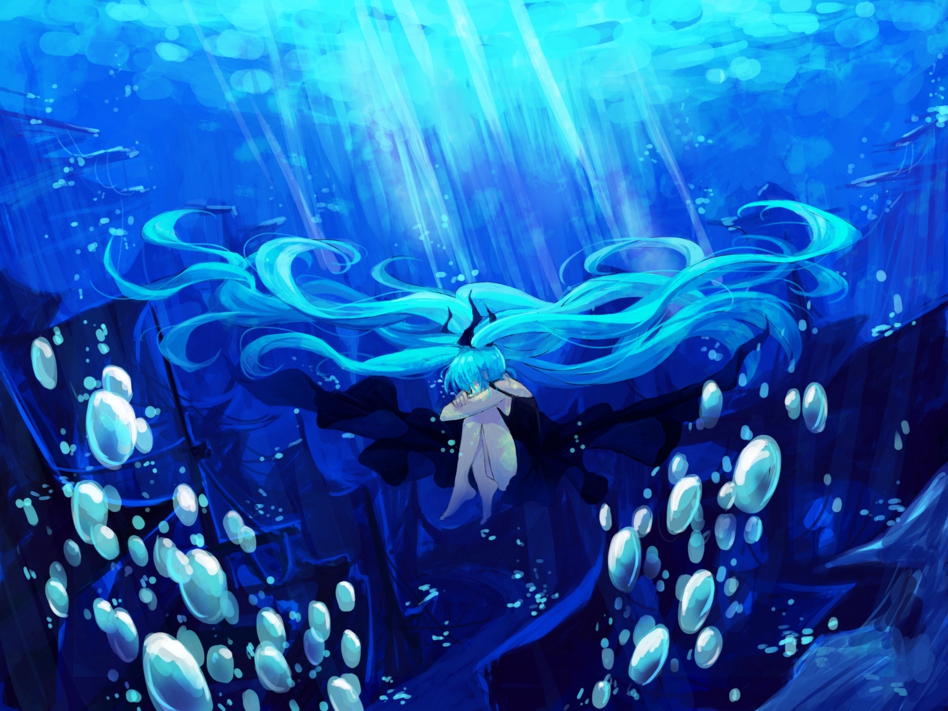 Laden Sie das Dunkel, Vocaloid, Unterwasser, Seifenblase, Blaue Haare, Hatsune Miku, Animes, Lange Haare-Bild kostenlos auf Ihren PC-Desktop herunter