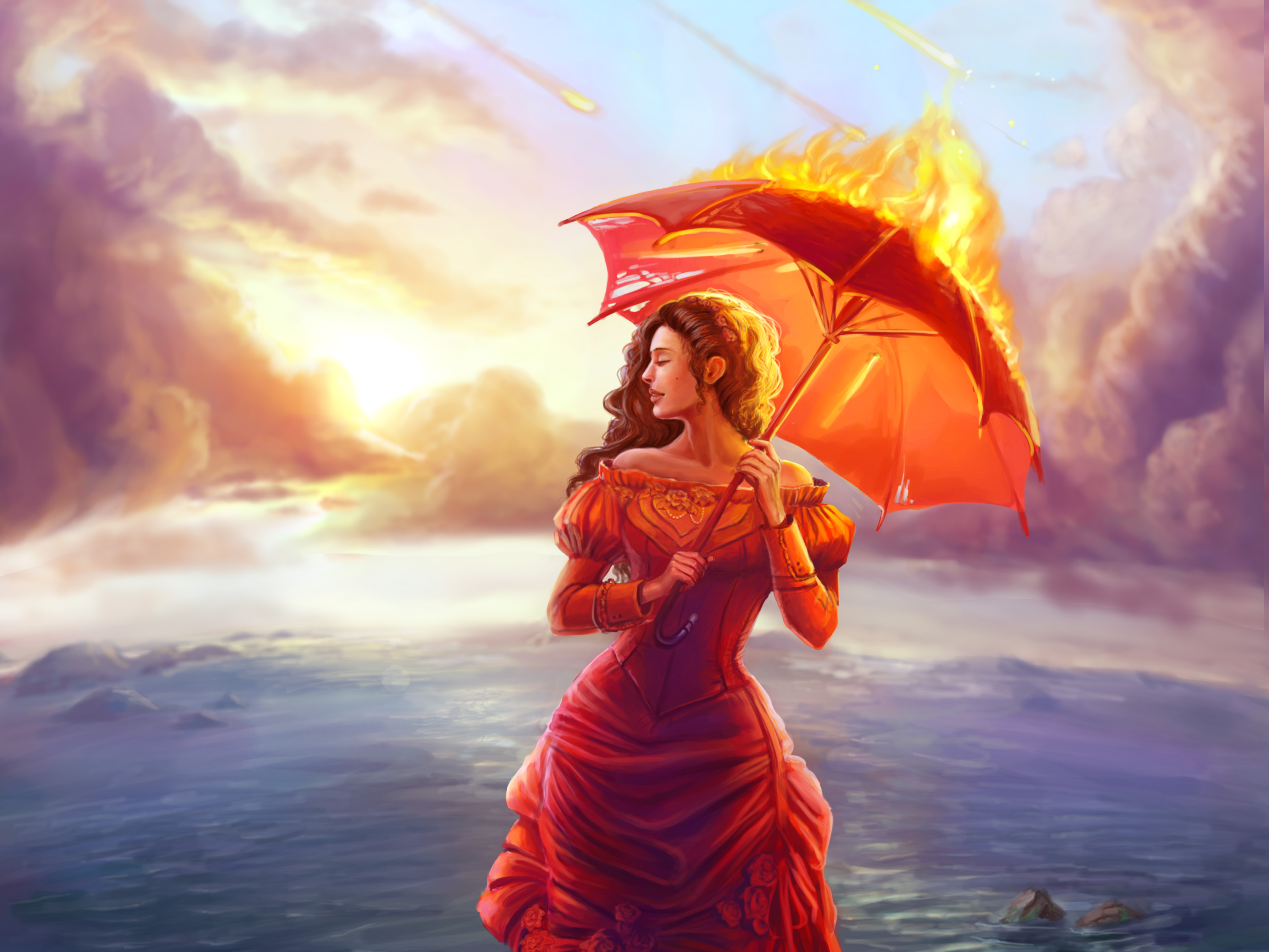 Free download wallpaper Fantasy, Fire, Painting, Umbrella, Cloud, Women, Orange (Color) on your PC desktop