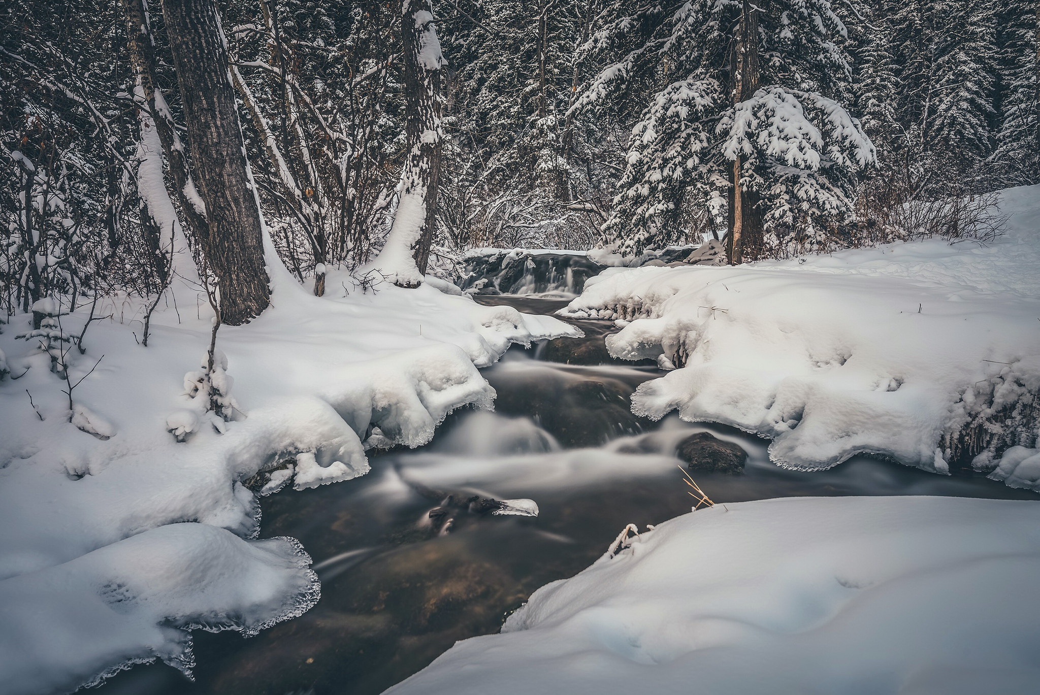 Download mobile wallpaper Winter, Nature, Snow, Earth, Stream for free.