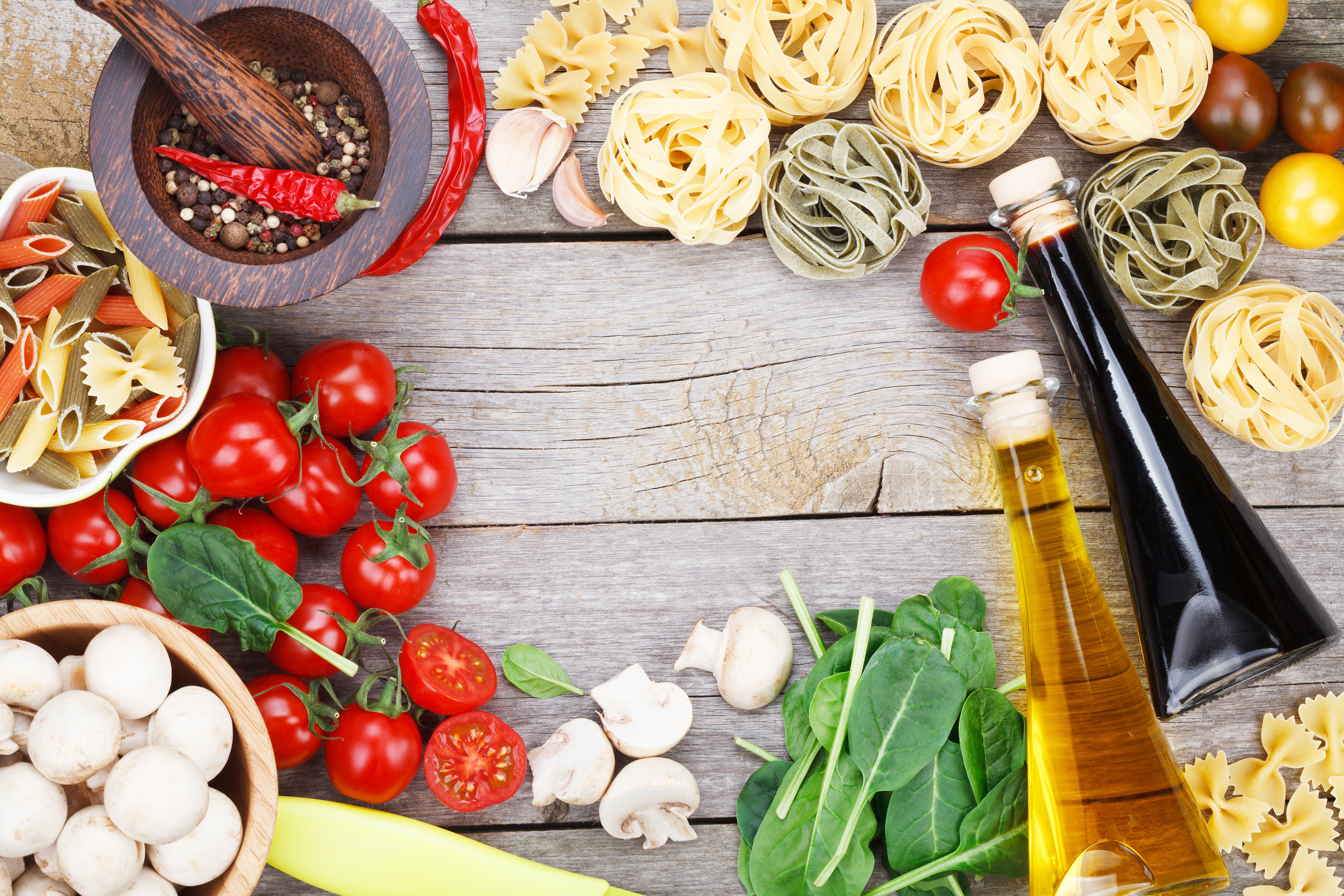 Free download wallpaper Food, Still Life, Mushroom, Bottle, Oil, Tomato, Pasta on your PC desktop