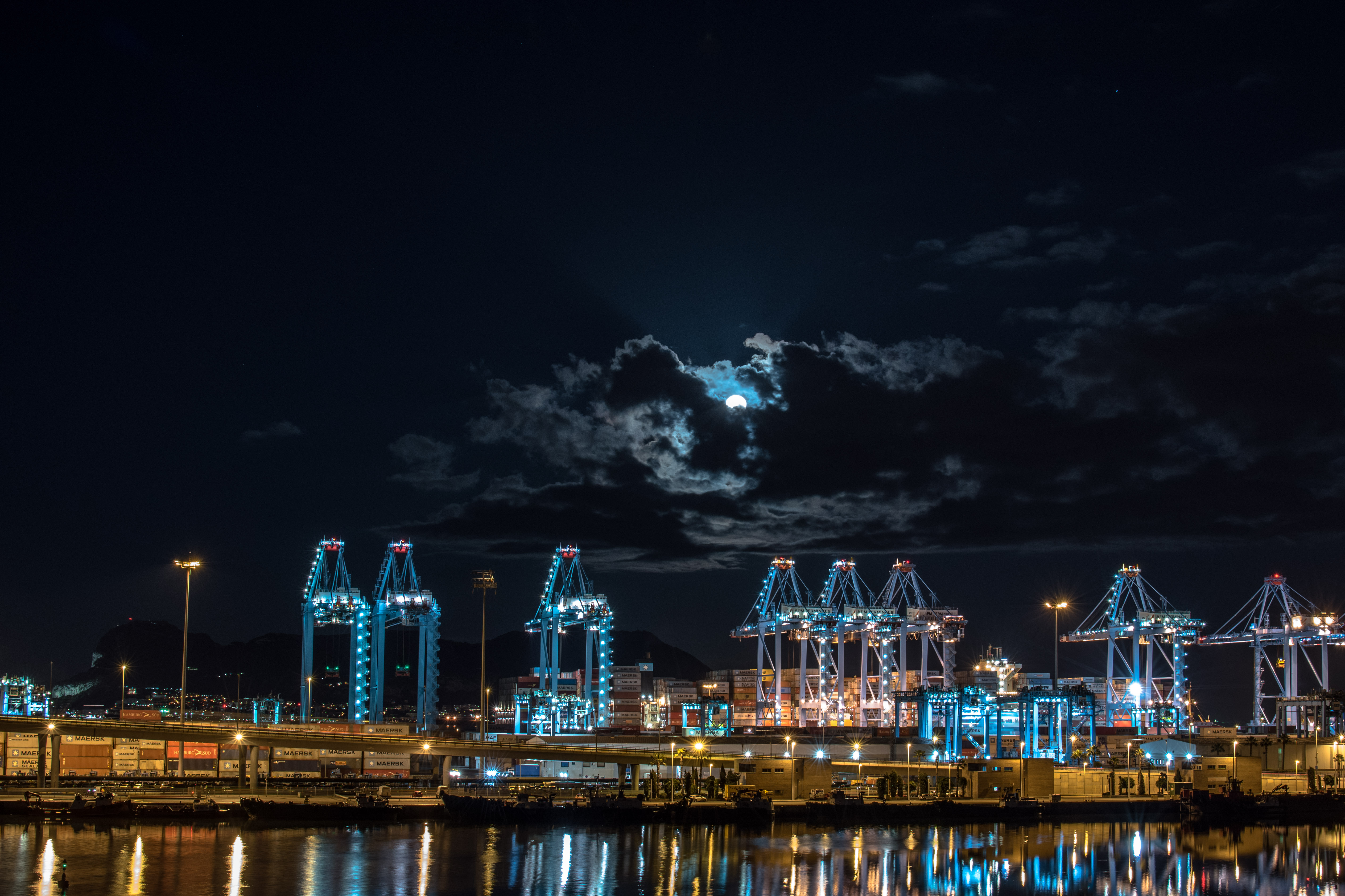 cities, night, moon, lights, night city, port