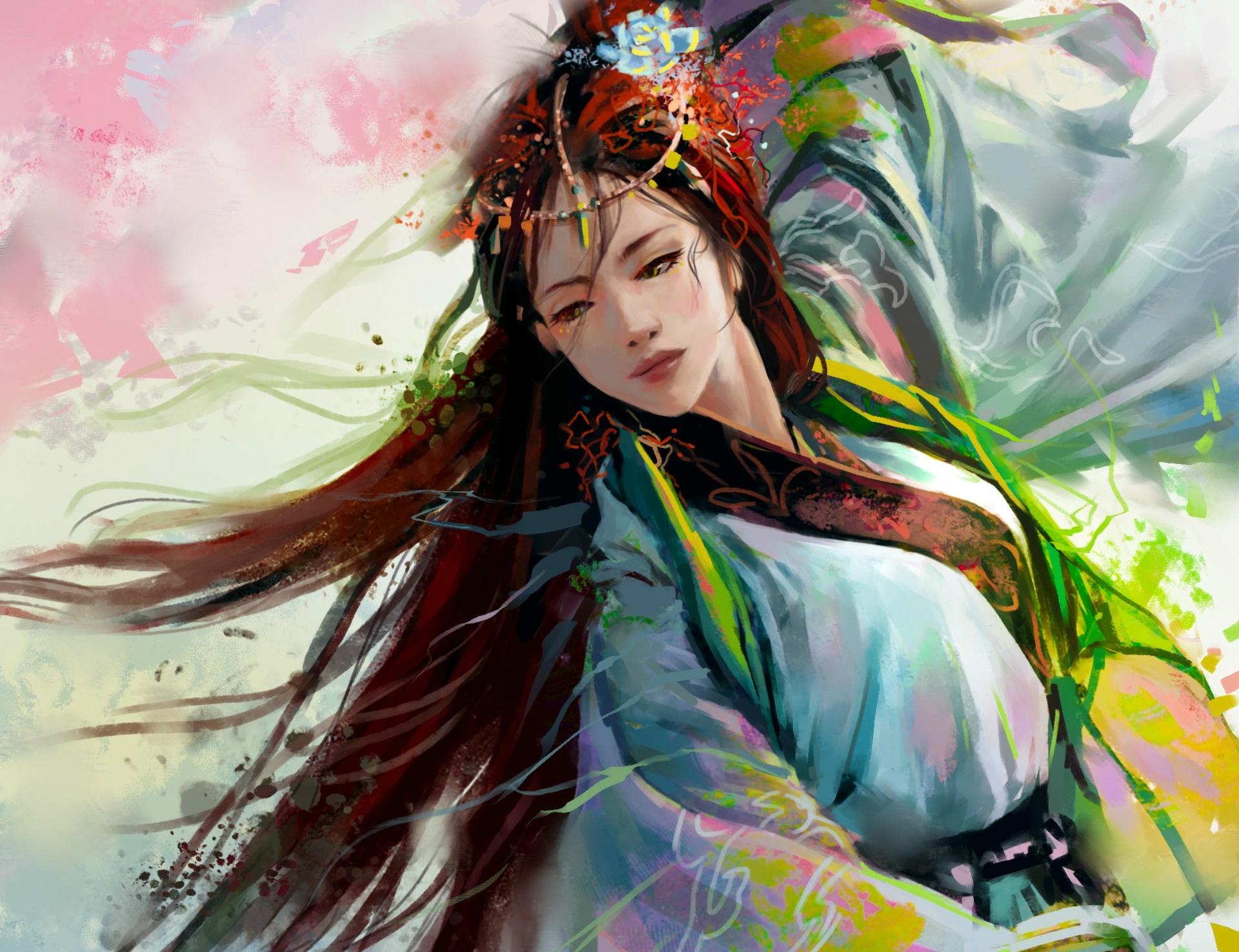 Download mobile wallpaper Fantasy, Kimono, Women, Asian, Long Hair, Brown Hair for free.