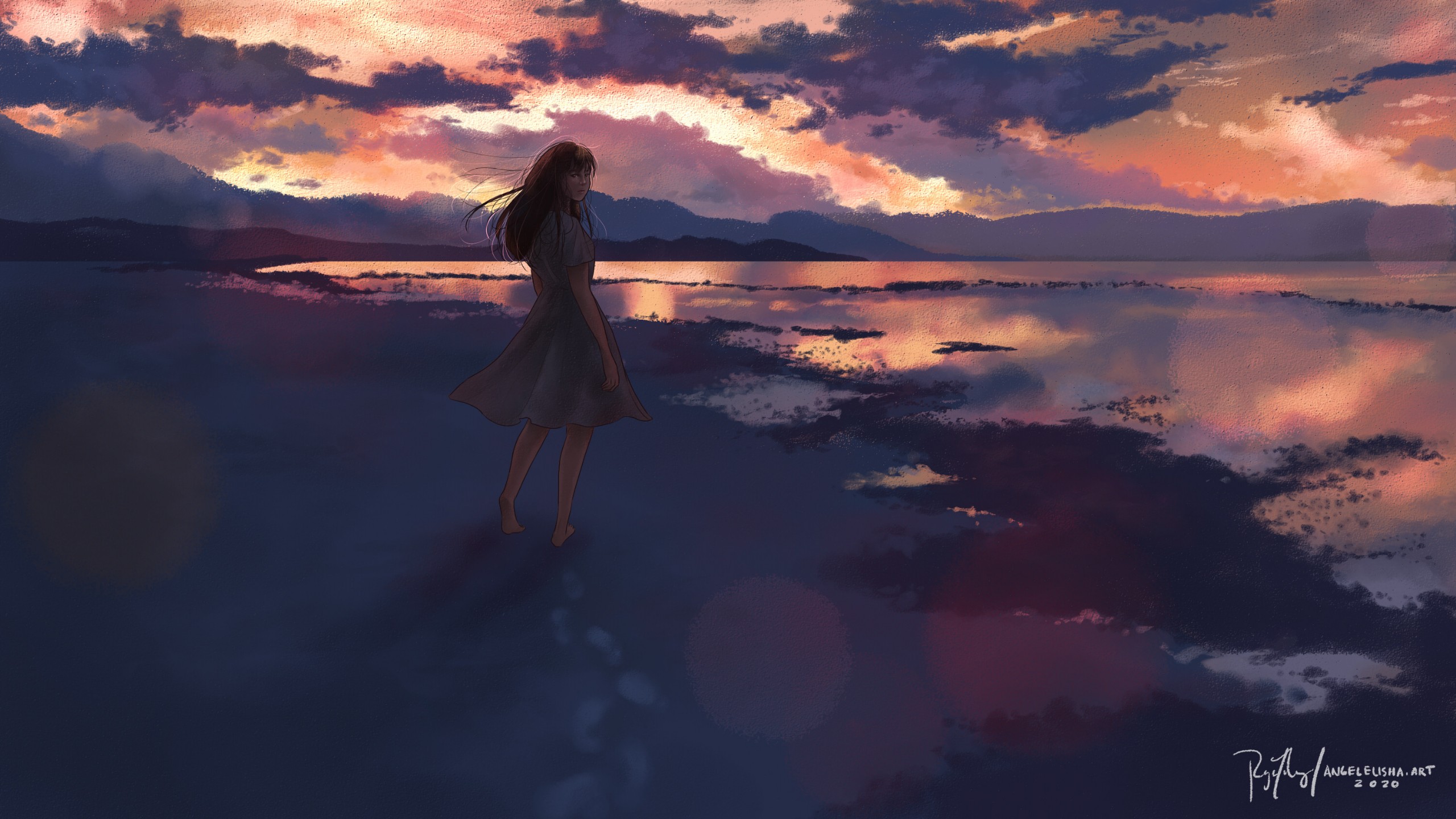 Download mobile wallpaper Anime, Sunset, Lake, Girl for free.