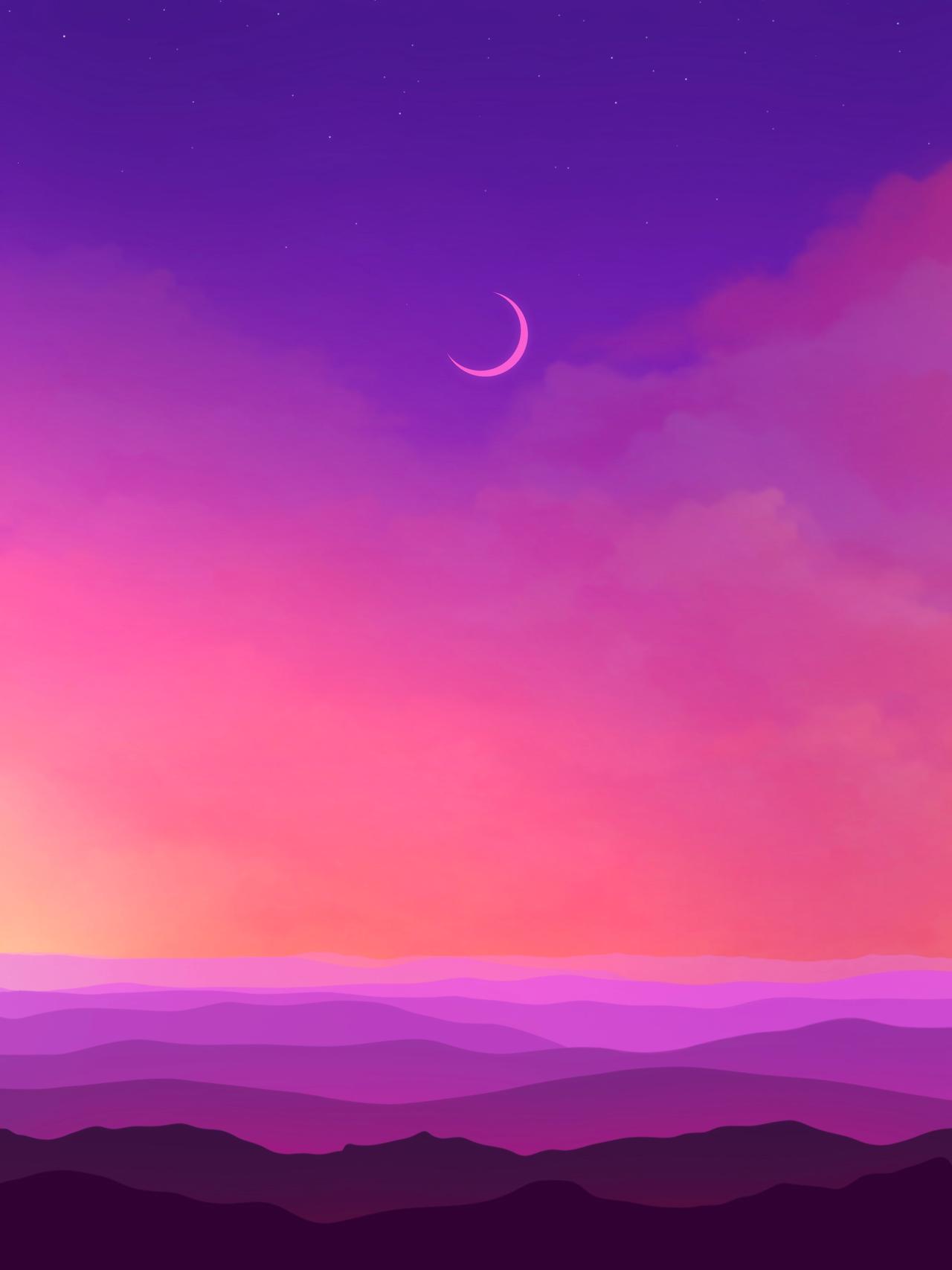 purple, art, moon, violet, hills Full HD