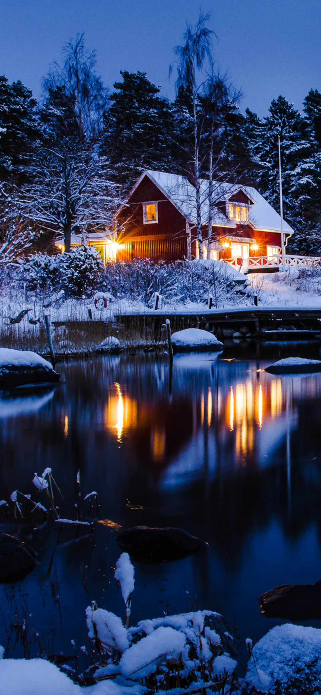 Download mobile wallpaper Winter, Night, Snow, Reflection, House, Photography for free.