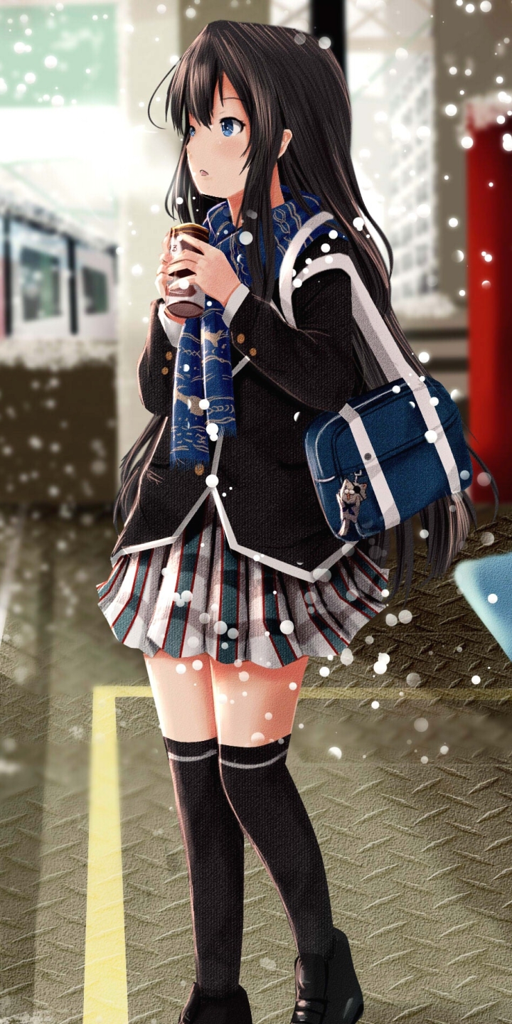 Handy-Wallpaper Winter, Schnee, Blaue Augen, Animes, Schwarzes Haar, Lange Haare, Kaffee, Yahari Ore No Seishun Rabukome Wa Machigatteiru, Yukino Yukinoshita kostenlos herunterladen.