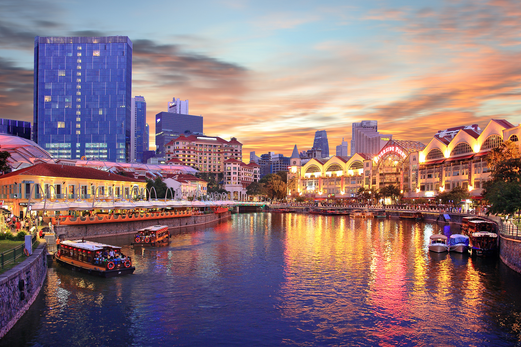 Free download wallpaper Cities, Sunset, Architecture, City, Dusk, Boat, Singapore, Man Made, Canal on your PC desktop