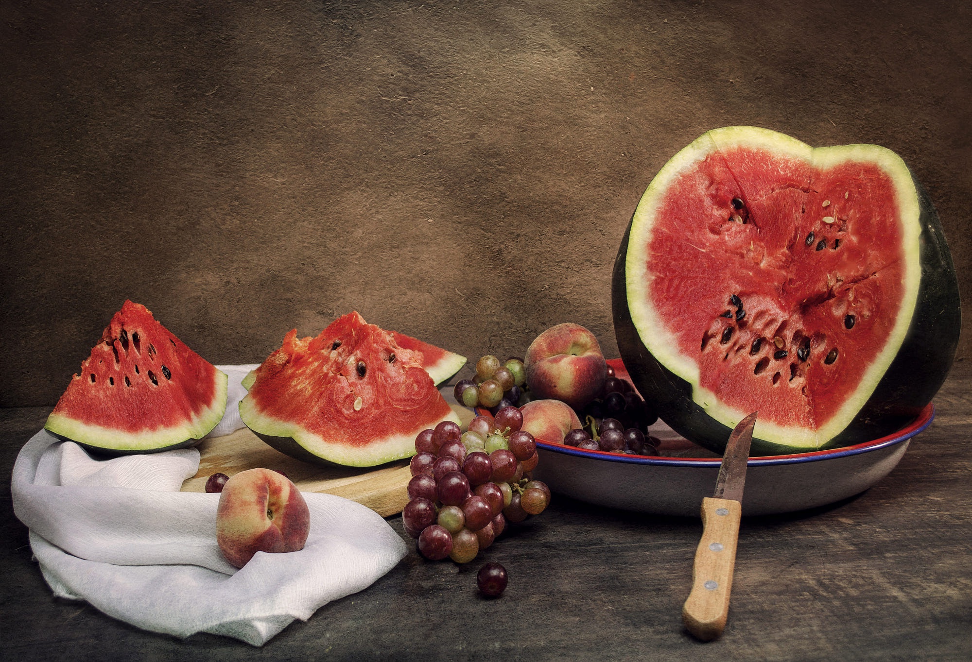 Download mobile wallpaper Food, Grapes, Still Life, Fruit, Watermelon, Peach for free.
