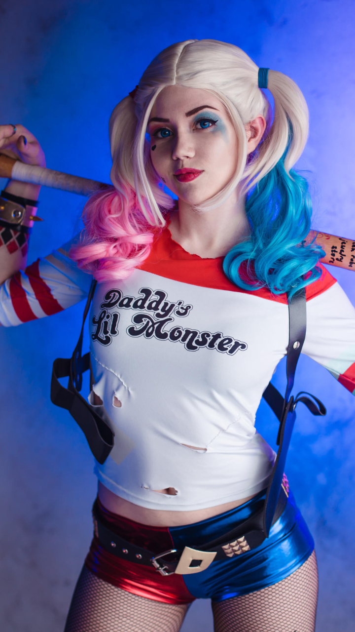 Download mobile wallpaper Blonde, Women, Blue Eyes, Shorts, Harley Quinn, Twintails, Cosplay, Baseball Bat for free.