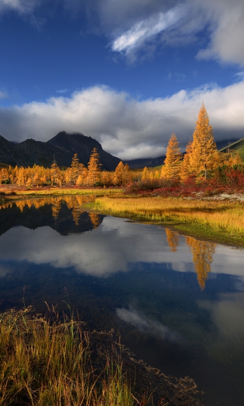 Handy-Wallpaper Landschaft, Natur, Herbst, Seen, See, Wolke, Erde/natur, Spiegelung, Betrachtung kostenlos herunterladen.