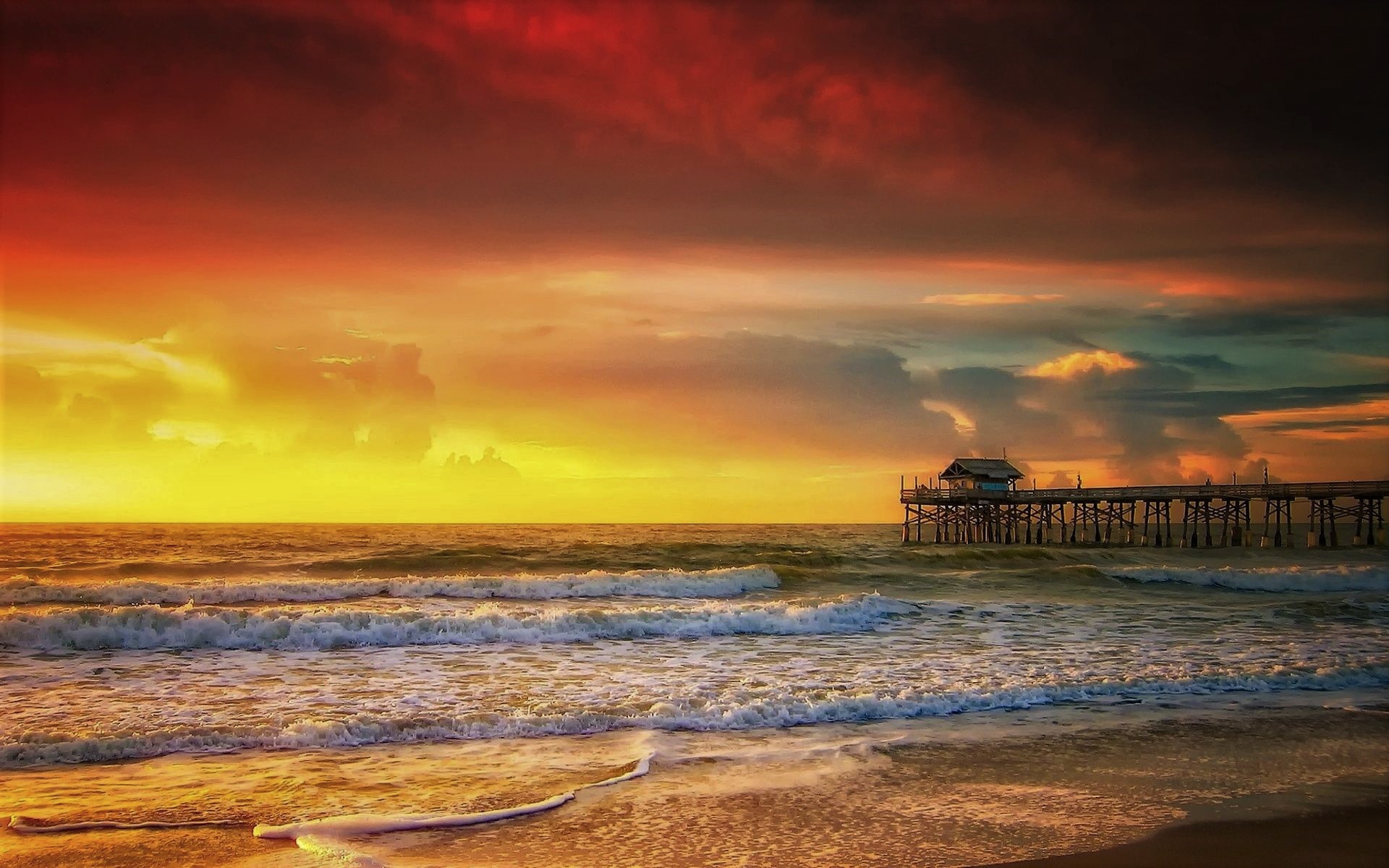 Free download wallpaper Sunset, Sea, Horizon, Pier, Ocean, Wave, Man Made on your PC desktop