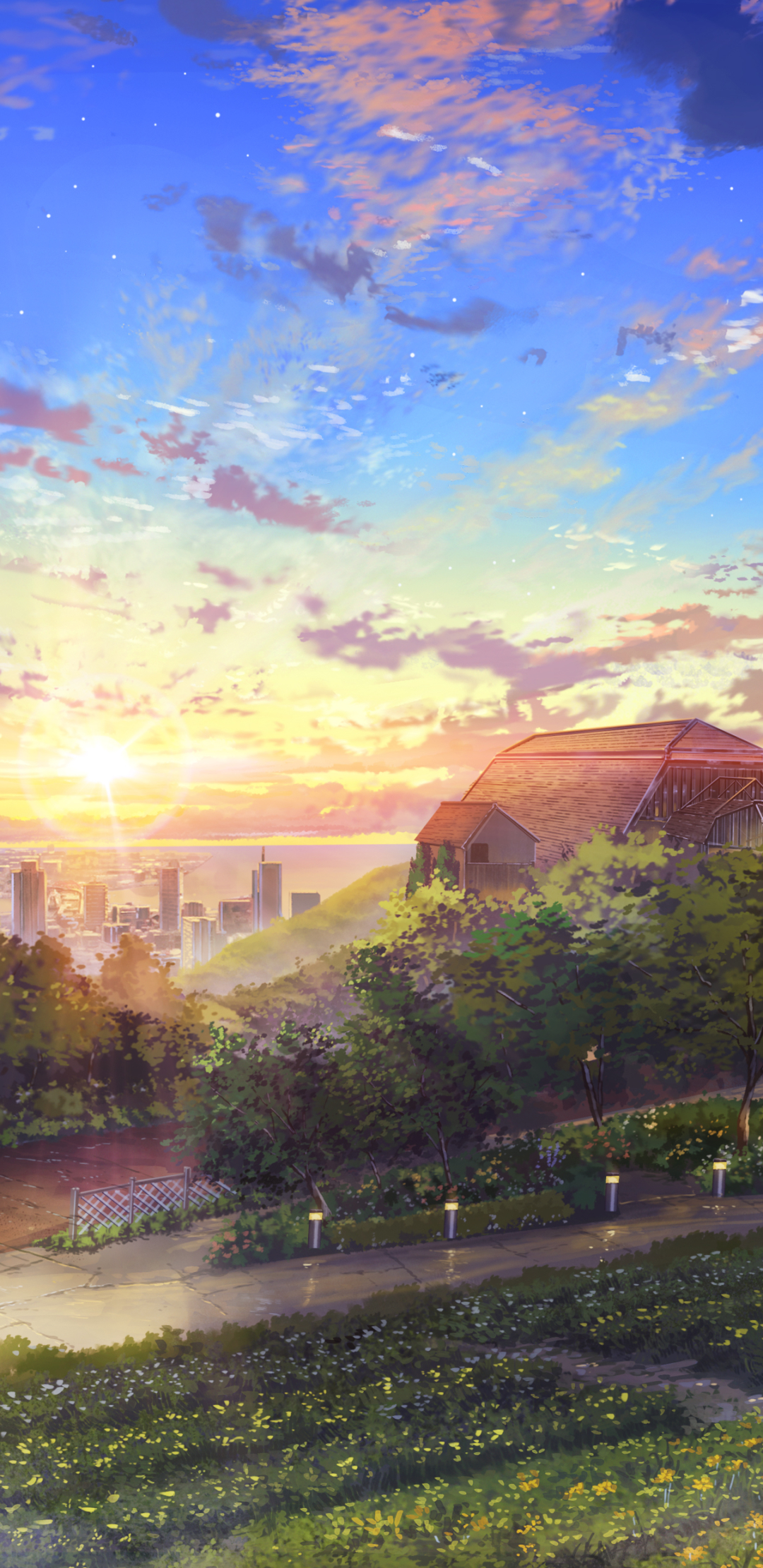Handy-Wallpaper Landschaft, Haus, Wolke, Himmel, Sonnenuntergang, Animes kostenlos herunterladen.