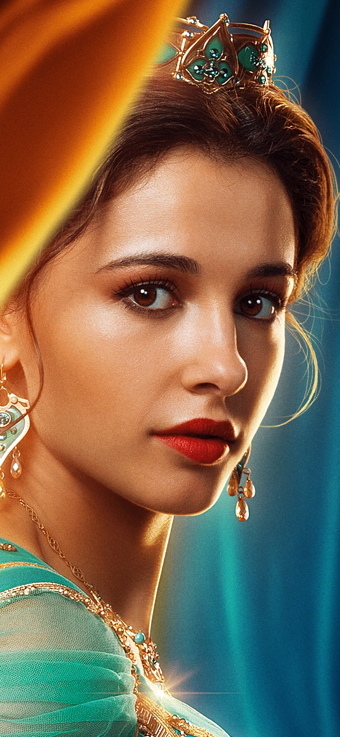 aladdin (2019), naomi scott, earrings, movie, brown eyes, actress, princess jasmine, lipstick, british