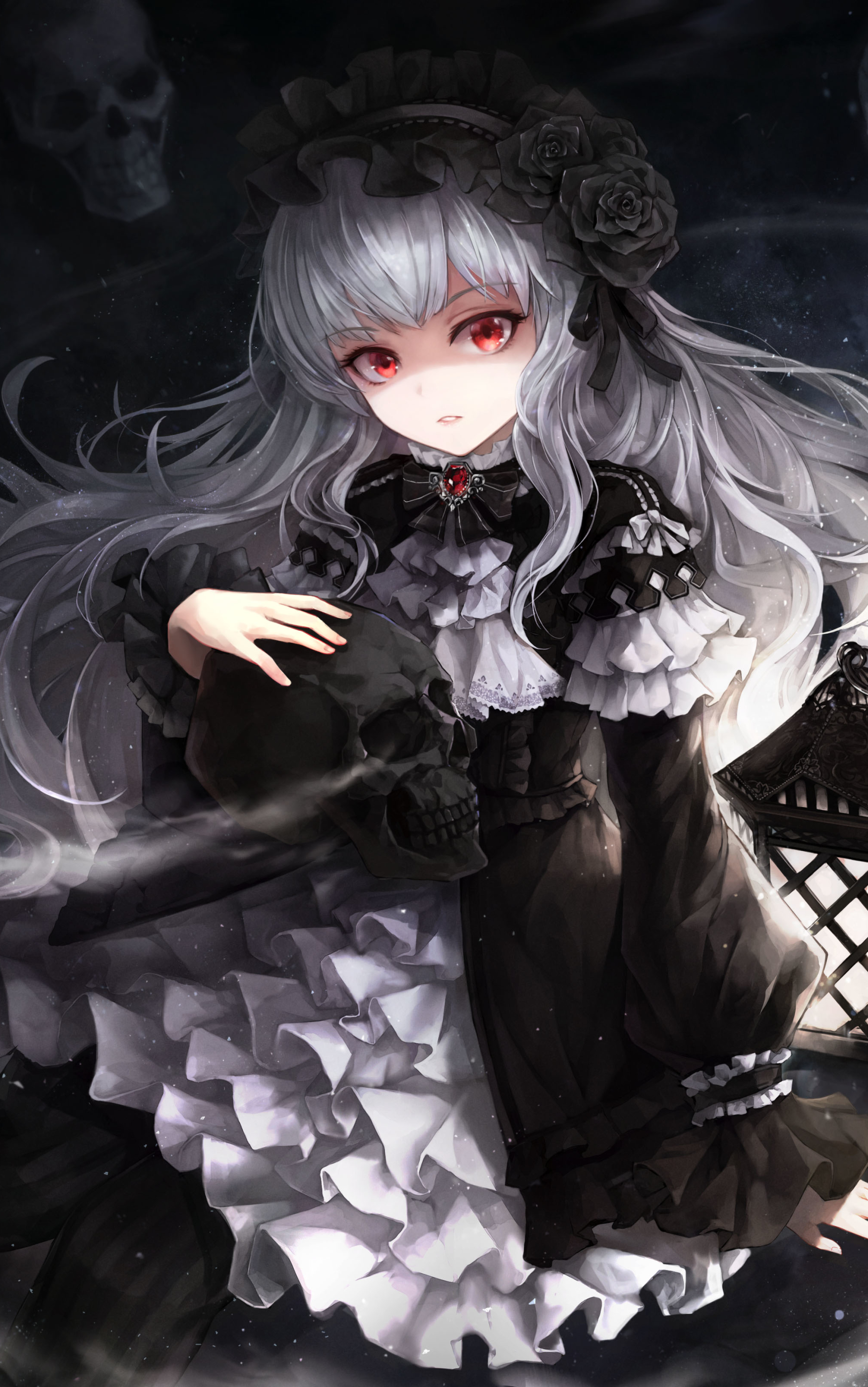 Download mobile wallpaper Anime, Gothic, Original, Red Eyes, Long Hair, Grey Hair for free.