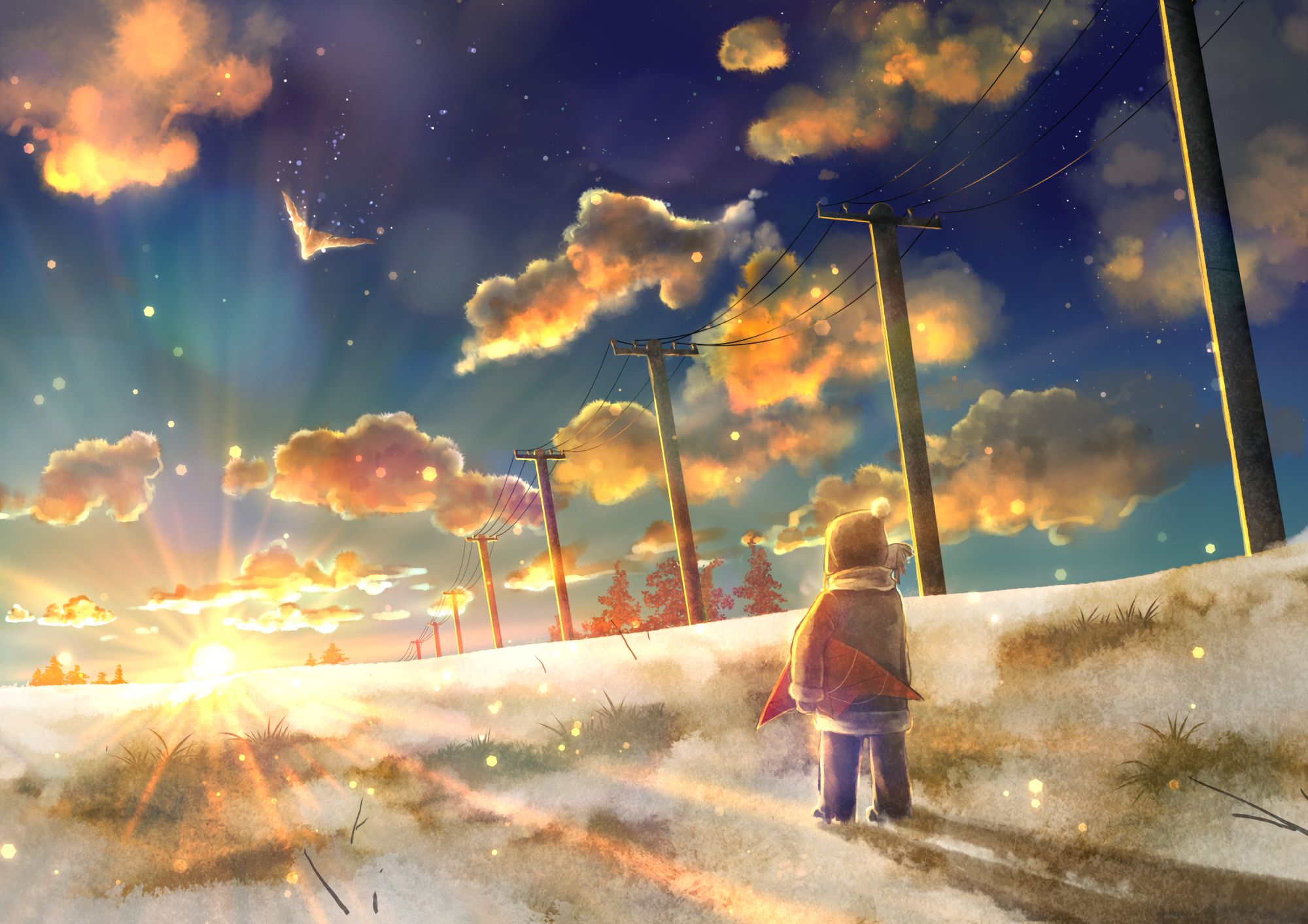 anime, original, bird, child, cloud, landscape, power line, sky, sunbeam