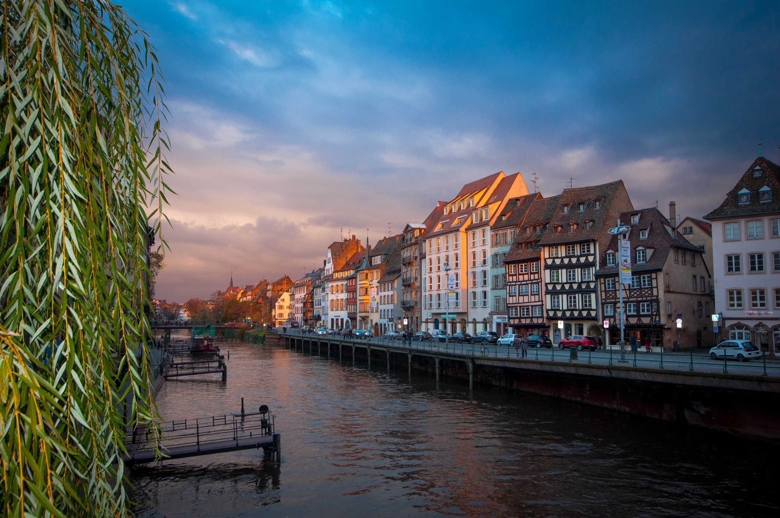 man made, strasbourg, branch, building, canal, car, city, france, house, cities
