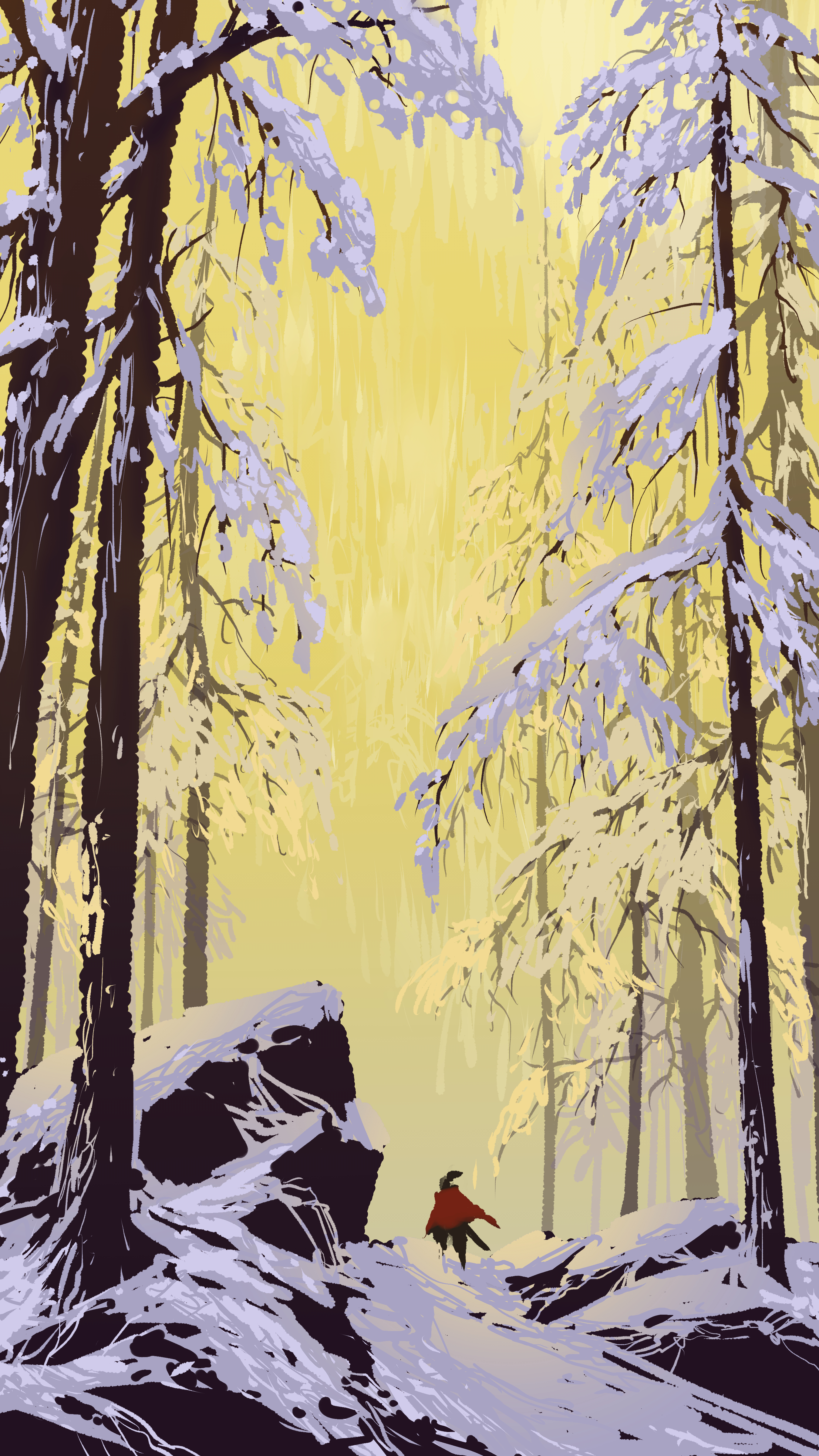 Скачать картинку Скалы, Деревья, Снег, Силуэт, Арт в телефон бесплатно.