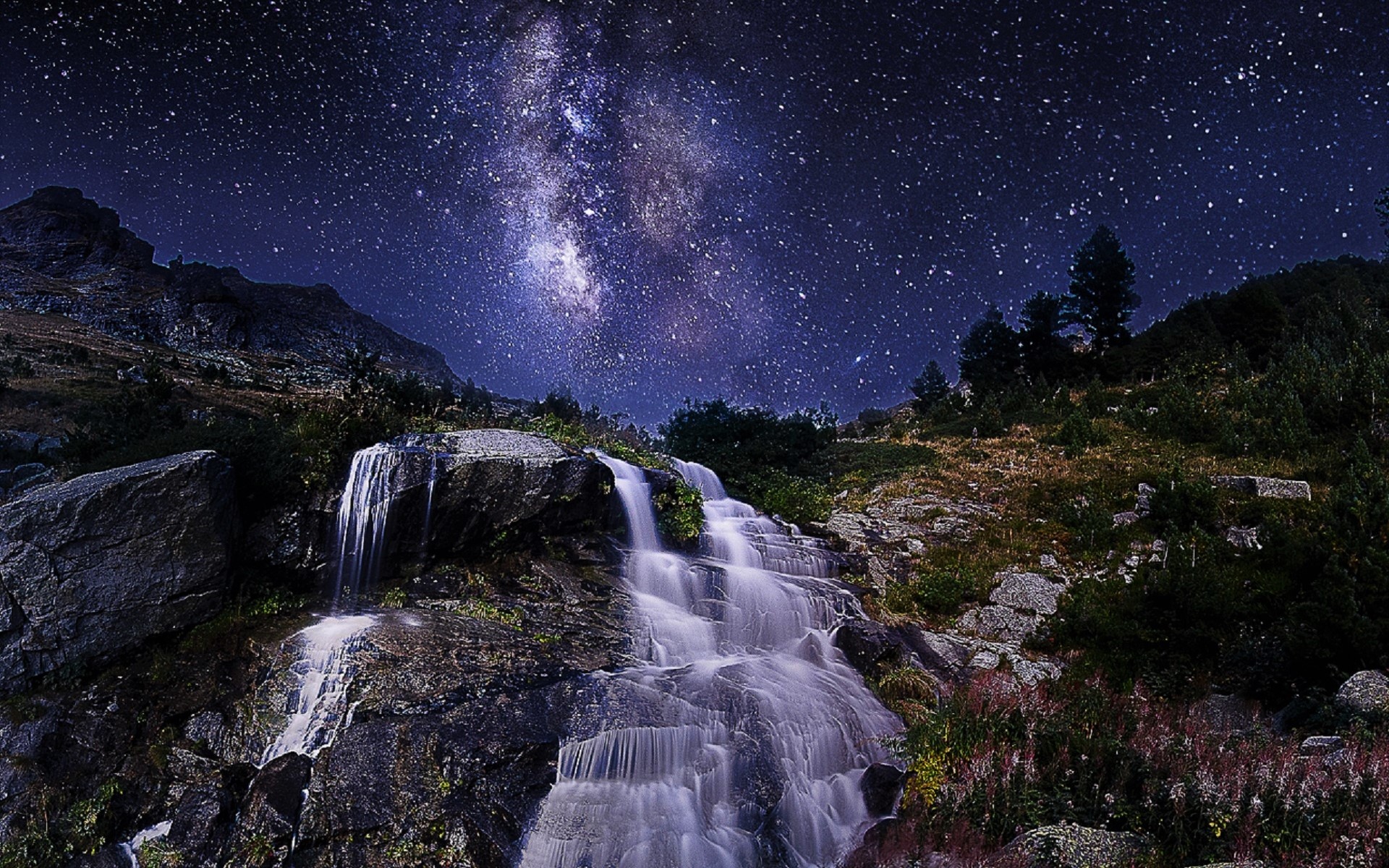 Download mobile wallpaper Stars, Night, Waterfalls, Waterfall, Earth, Milky Way for free.
