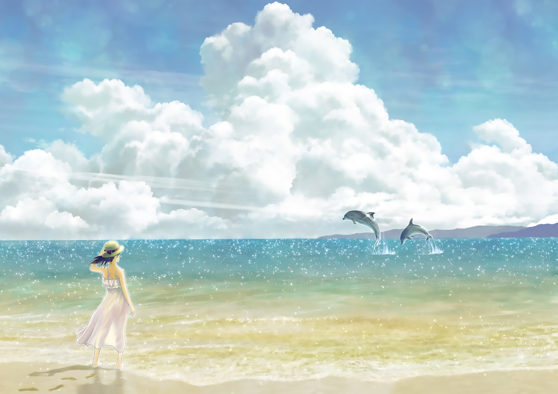 Скачать картинку Аниме, Пляж, Дельфин, Оригинал в телефон бесплатно.
