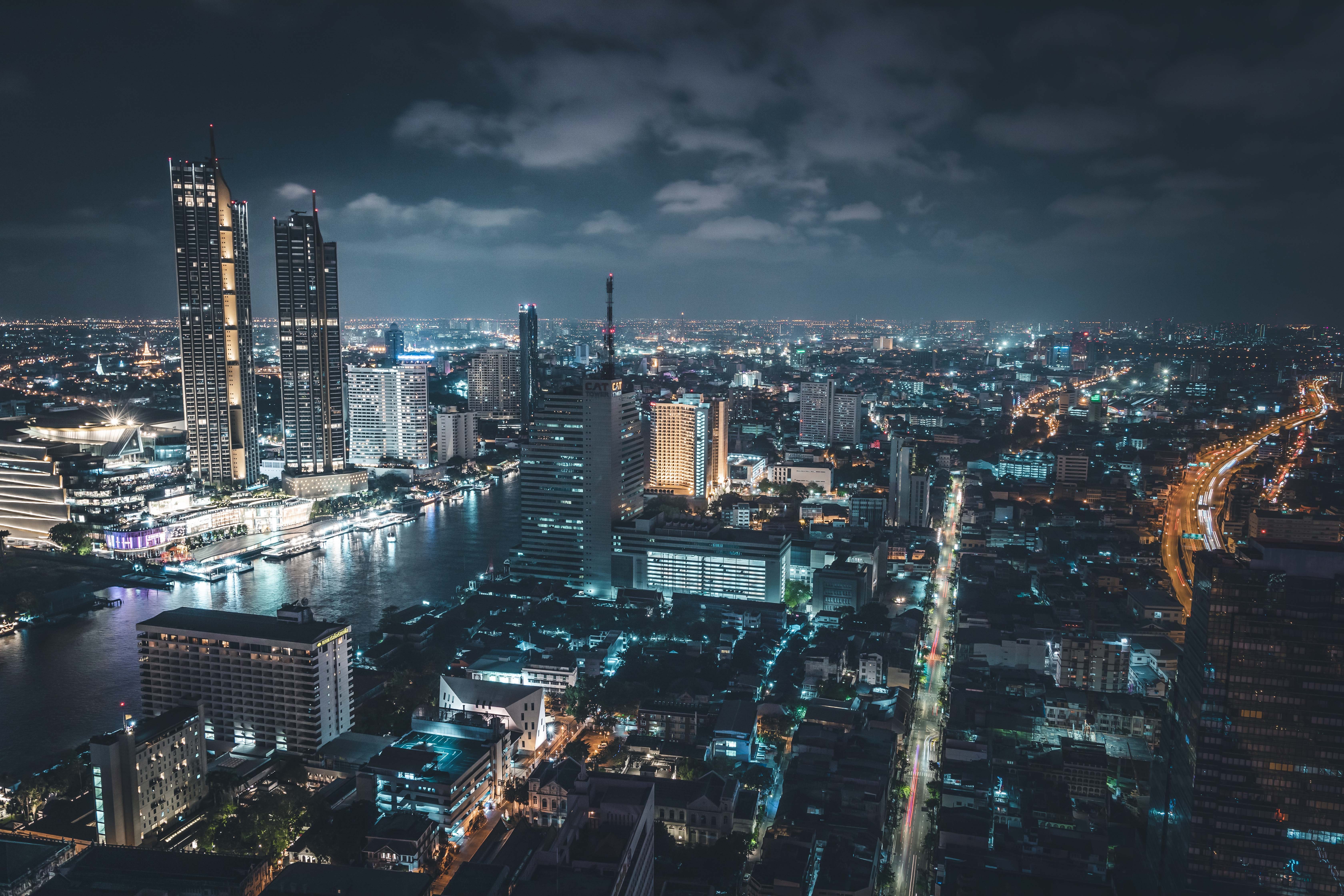 bangkok, cities, architecture, building, lights, view from above, night city