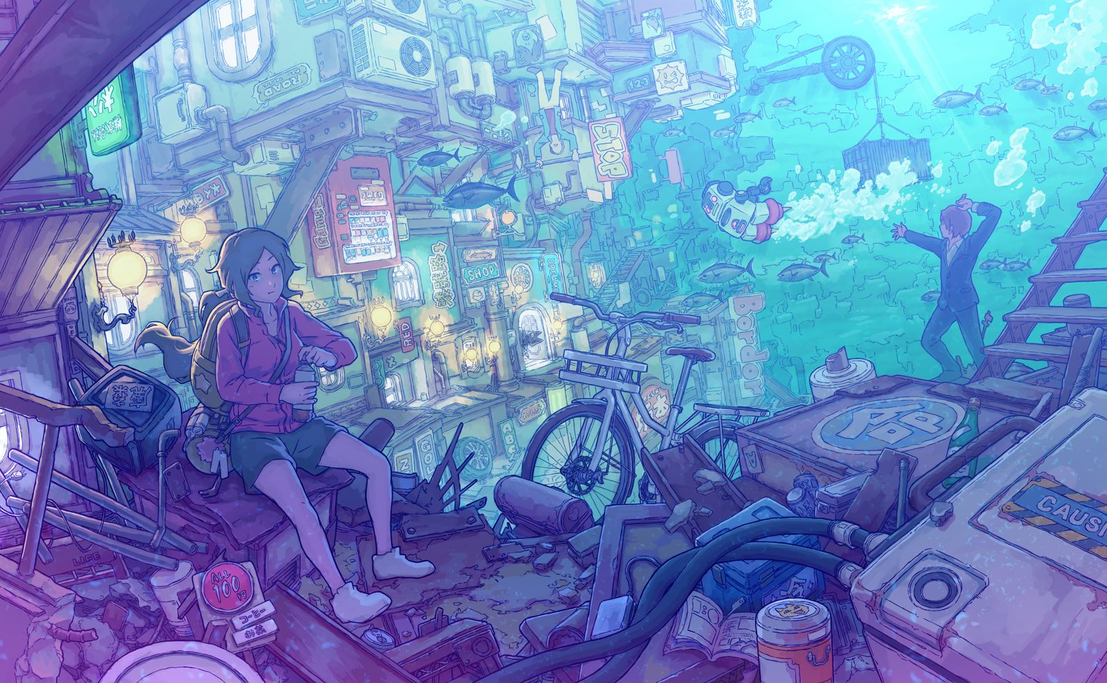 Free download wallpaper Anime, Sea, City, Underwater, Original on your PC desktop