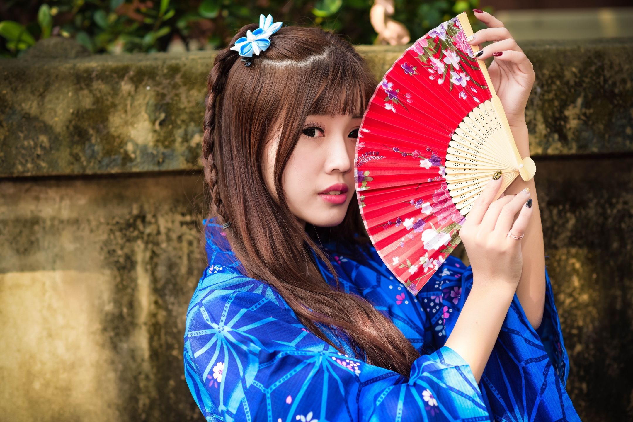 Download mobile wallpaper Kimono, Brunette, Model, Fan, Women, Braid, Asian, Brown Eyes for free.