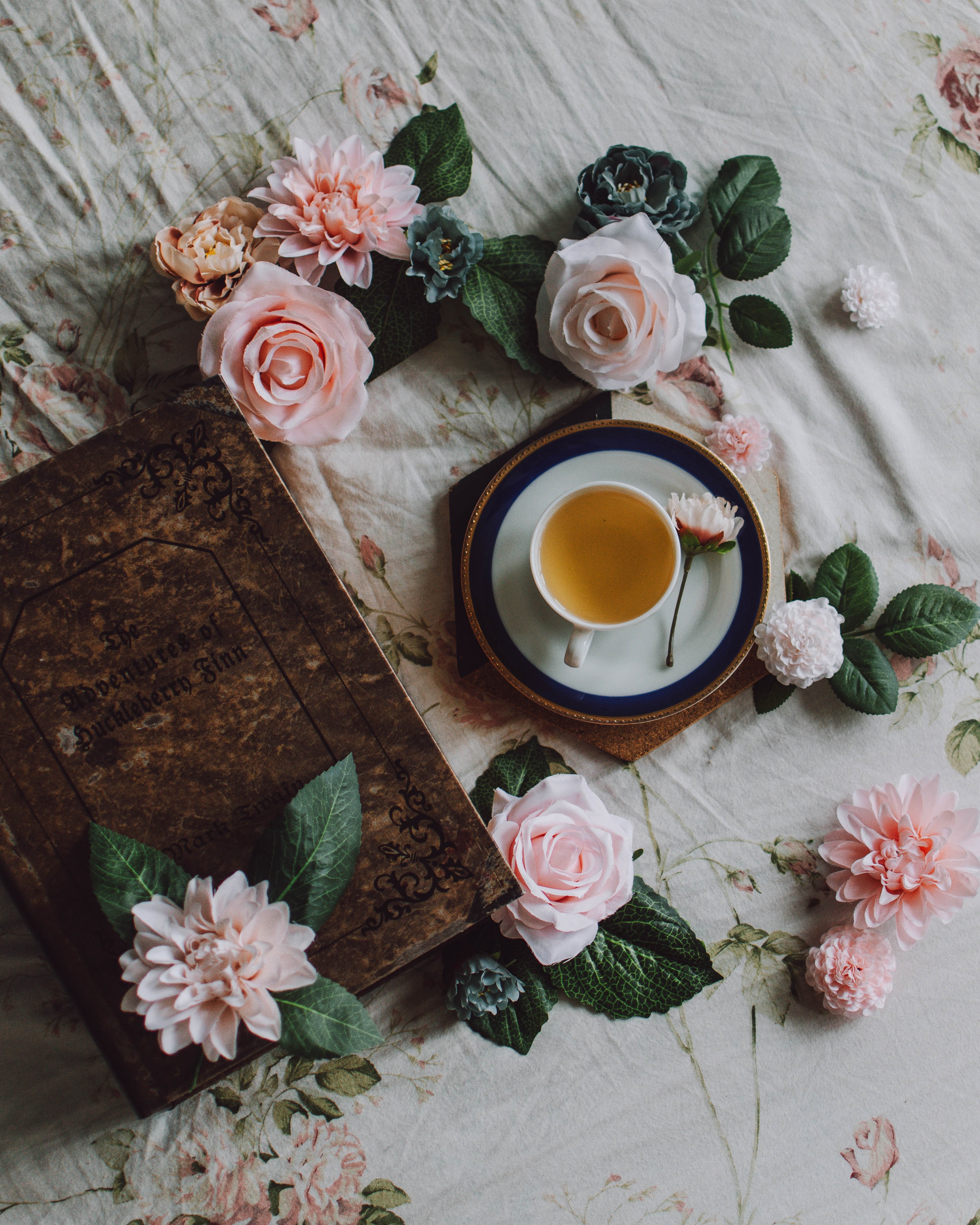 still life, tea, cup, flowers, book