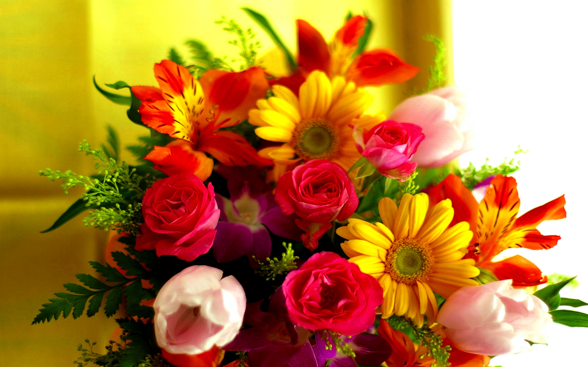 Laden Sie das Blume, Hell, Strauß, Farben, Bunt, Gelbe Blume, Menschengemacht, Pinke Blume, Orangene Blume-Bild kostenlos auf Ihren PC-Desktop herunter