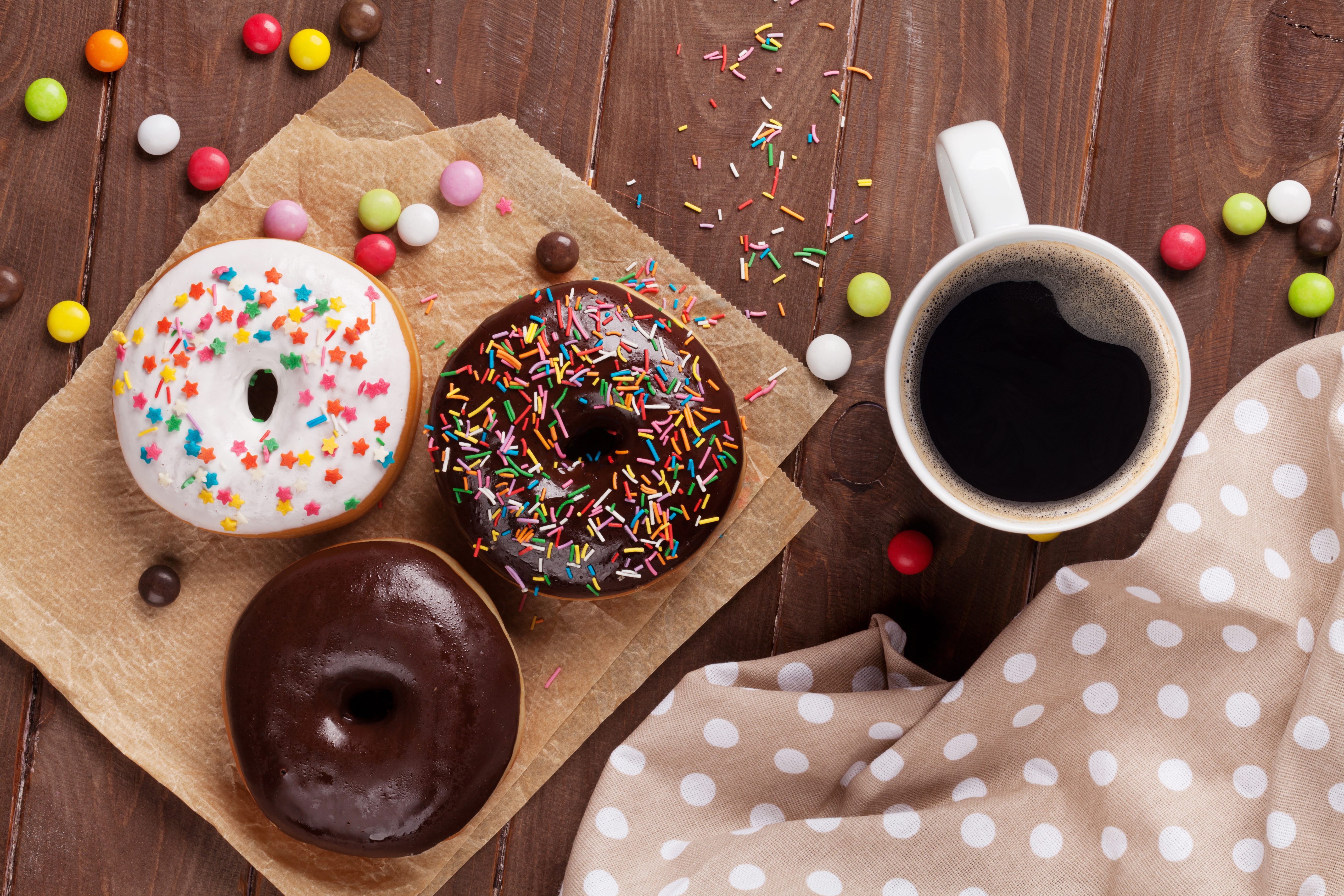 Download mobile wallpaper Food, Coffee, Still Life, Sweets, Doughnut, Candy for free.