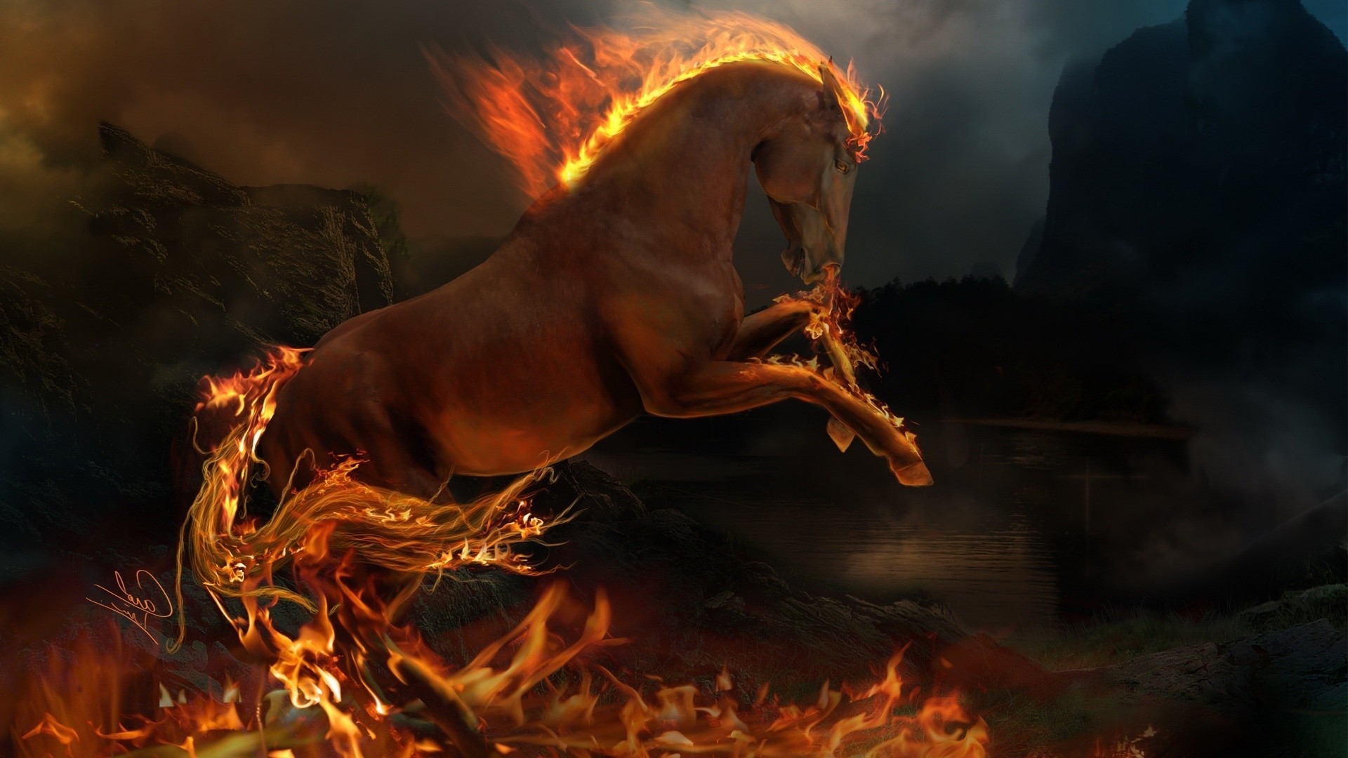 Laden Sie das Feuer, Tiere, Pferde, Fantasie-Bild kostenlos auf Ihren PC-Desktop herunter