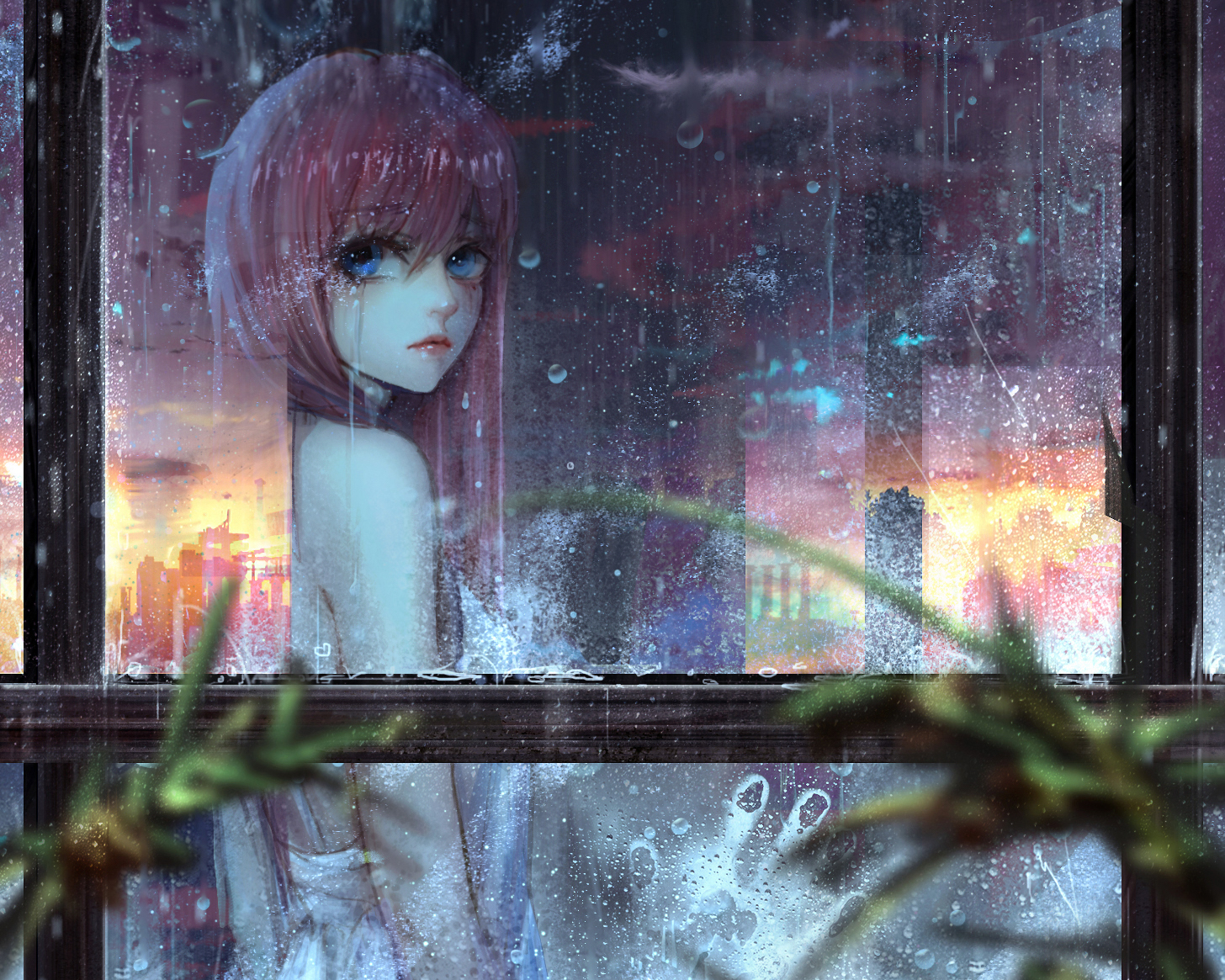 Download mobile wallpaper Anime, Water, Sunset, Rain, Blue Eyes, Tears, Original, Pink Hair, Long Hair for free.