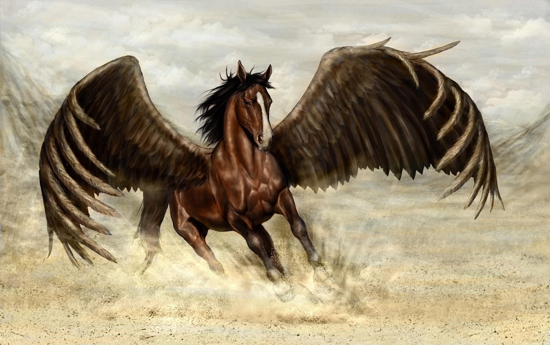 horse, wings, pegasus, fantasy, sand Full HD